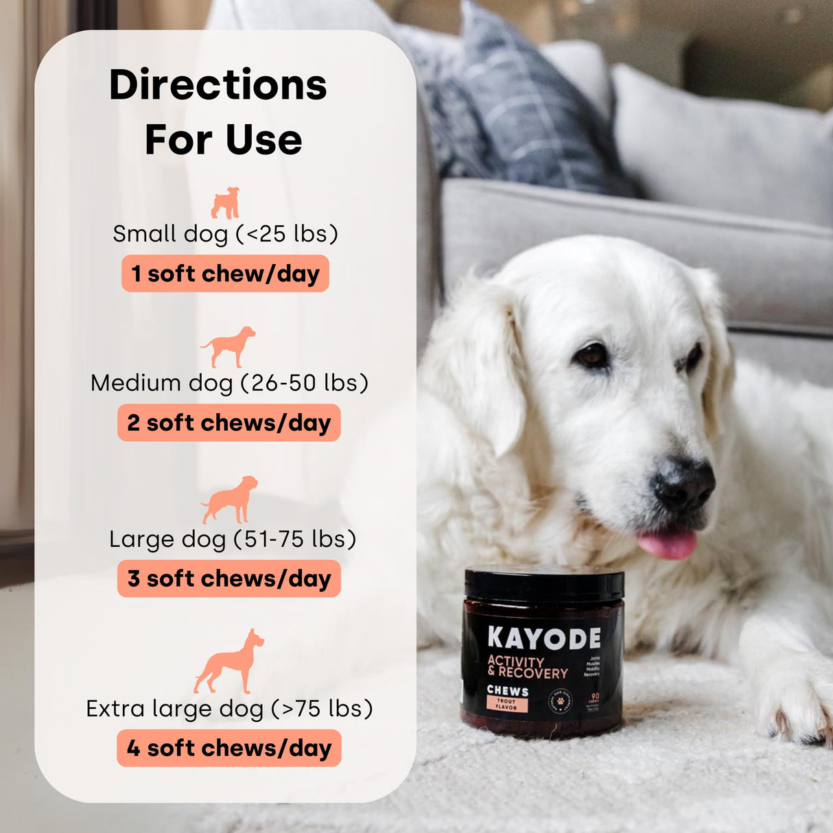Joint & Recovery | 2-in-1 Joint & Muscle Chews. Help Reduce Pain & Increase Daily Activity. Helps with Arthritis and Pain Prevention. Tasty Trout Flavor.