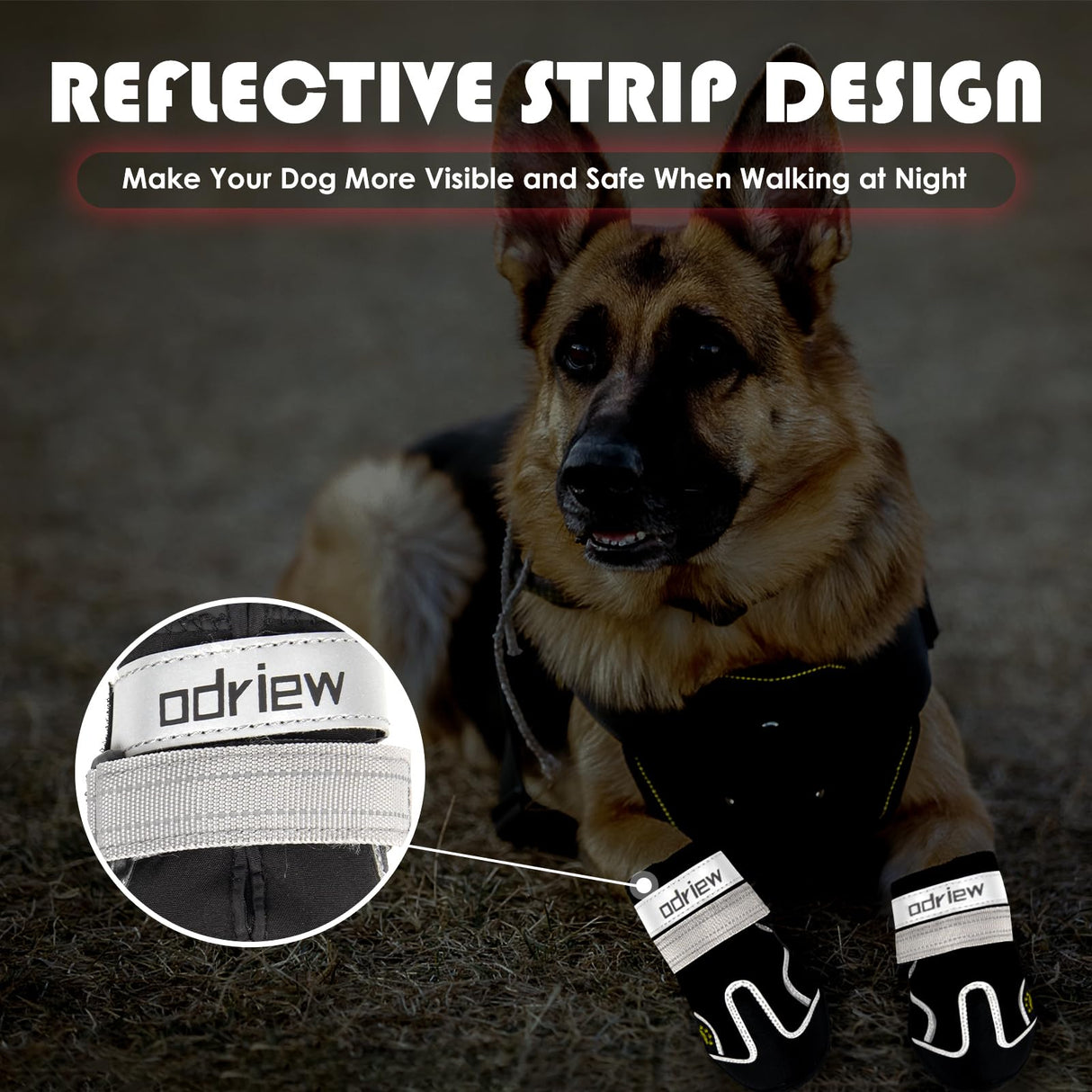 ODRIEW Dog Shoes Large Size Dogs, Medium Dog Booties-Dog Boots & Paw Protectors, 4PCS Shoes for Dogs with Reflective Strip, Anti-Slip Sole for Hot Pavement, Rain, Snow Walking, Hiking. (Black, 5)