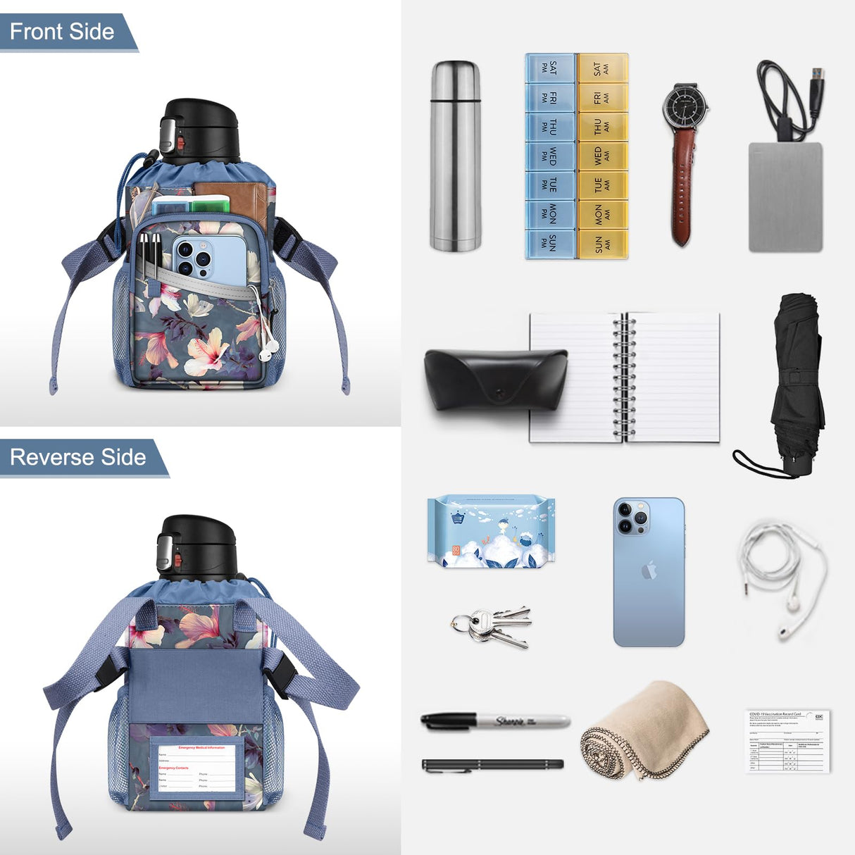 FINPAC Crutch Accessories Bag, Water-Resistant Storage Organizer Tote Bag with Drink Holder and Zipper Pouch for Crutches, Underarm Crutches Attachment (Blooming Hibiscus)