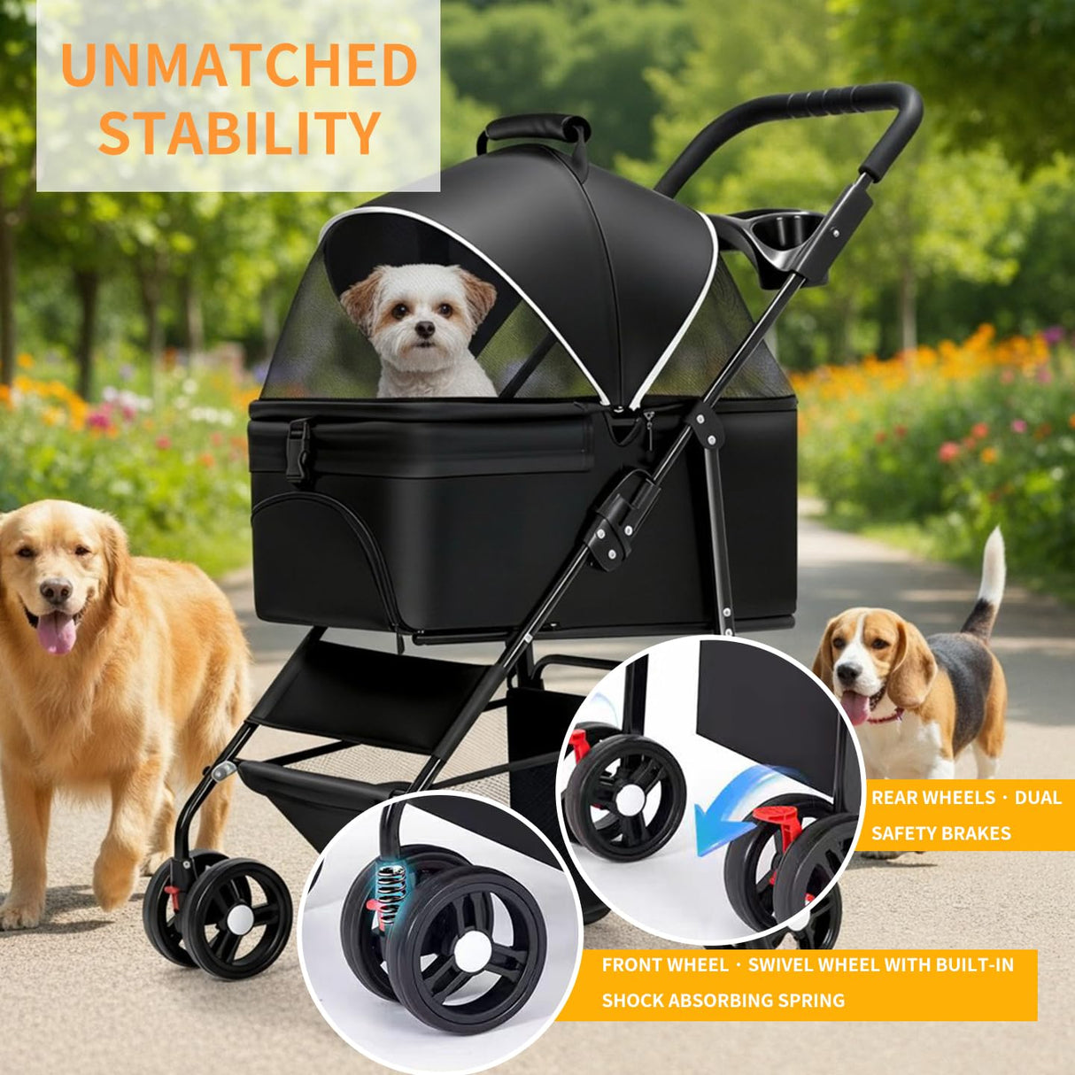 3-in-1 Pet Stroller for Small/Medium Dogs Cats,4 Wheels,Detachable Carrier Basket,Breathable Mesh,Storage Basket,Cup Holder,Weather Cover,Black,44 lbs Capacity