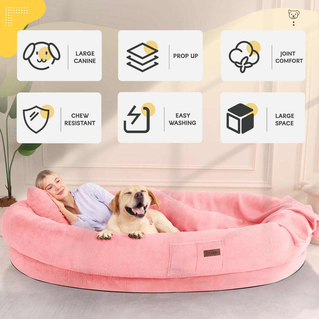 Fvkind Human Dog Bed for Adults with Blanket and Pillow, 71"x51"x12" Washable Orthopedic Size, Faux Fur Removable, Cozy Large Present, Pink