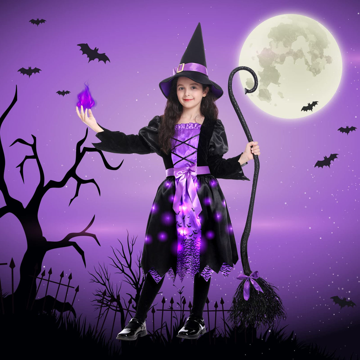 Light Up Halloween Girls Witch Costume, Toddler Witch Dress Set with Hat and Broom, Kids Witch Costumes for Halloween Themed Role-Play Party (Large)