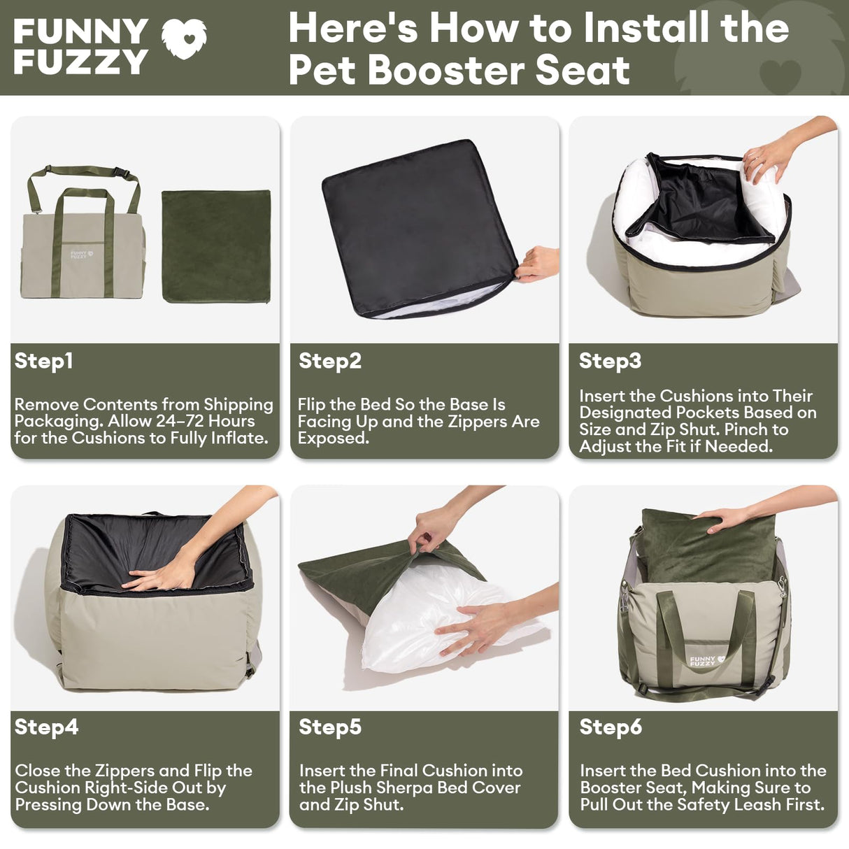 FUNNY FUZZY Waterproof Dog Car Seat for Small & Medium Dogs Up to 35lbs, Detachable & Washable Pet Booster Seat with Leash, Thick Cushion, Storage Pockets & Adjustable Straps (Green)