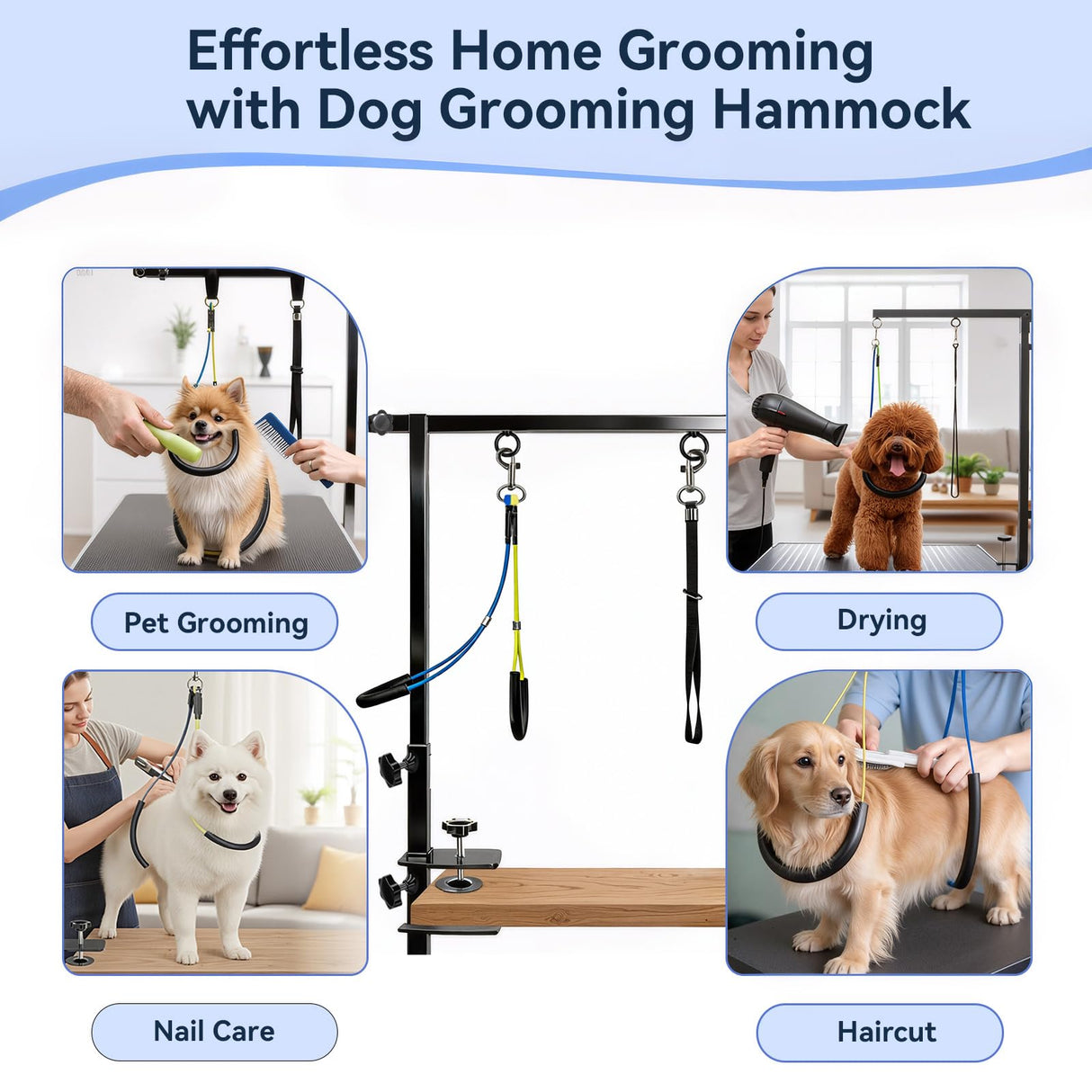 ZONEXCHIC Dog Grooming Arm with Pet Grooming Hammock, 27”-42” Adjustable Grooming Stand with No Sit Haunch Holders and Loop Noose, Grooming Restraint for Small and Medium at Home or Salon