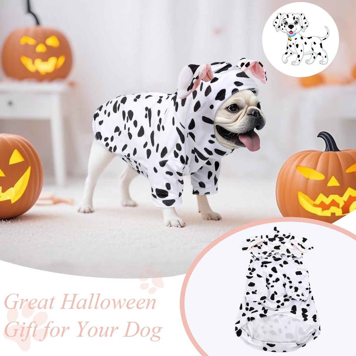 DELIFUR Dog Halloween Dalmatian Costume - Adorable Dog Hoodies for Small Pet Cute Animal Clothes Cosplay Sweatshirt Spotted (Dalmatian, Small)