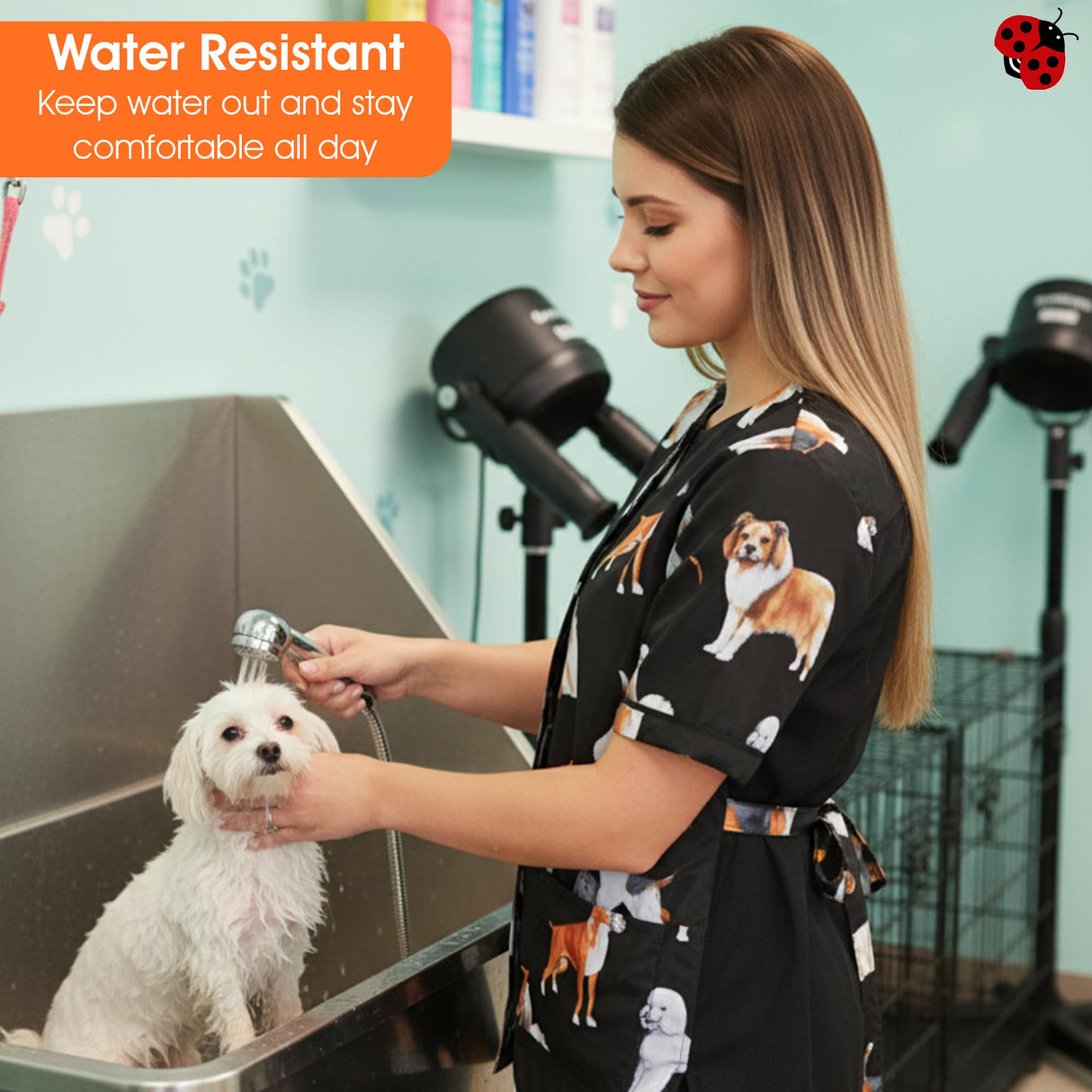 Ladybird Line 803 Water Resistant Dog Groups Stylist Grooming Smock, Hair and Bleach Resistant with Covered Zipper Panel, Mesh Back and Back Tie Belt, Ideal for Pet Groomers and Vet Clinics - Medium