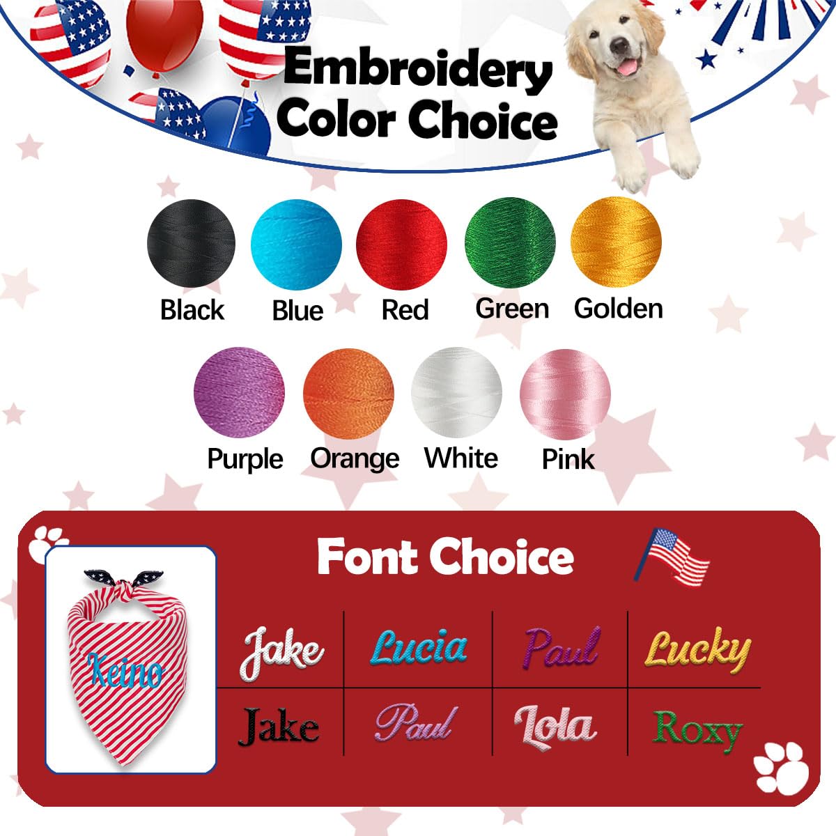 Personalized 4th of July Dog Bandana Embroidered Name Custom Neckwear Dog Scarf for Small Medium Large Dogs Cats Pets Birthday Gift