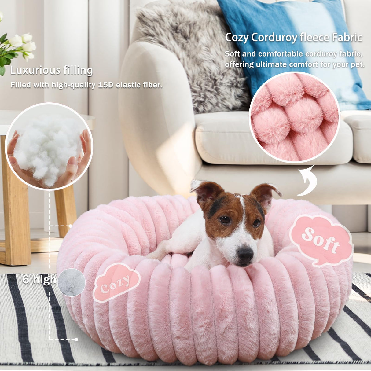 Donut Small Dog Bed Washable Cute Puppy Beds with Corduroy Fleece & Anti Slip Bottom, Round Faux Fur Pet Snuggle Beds for Large Cat, Pink, Small Breed 23x23x5.5 inches