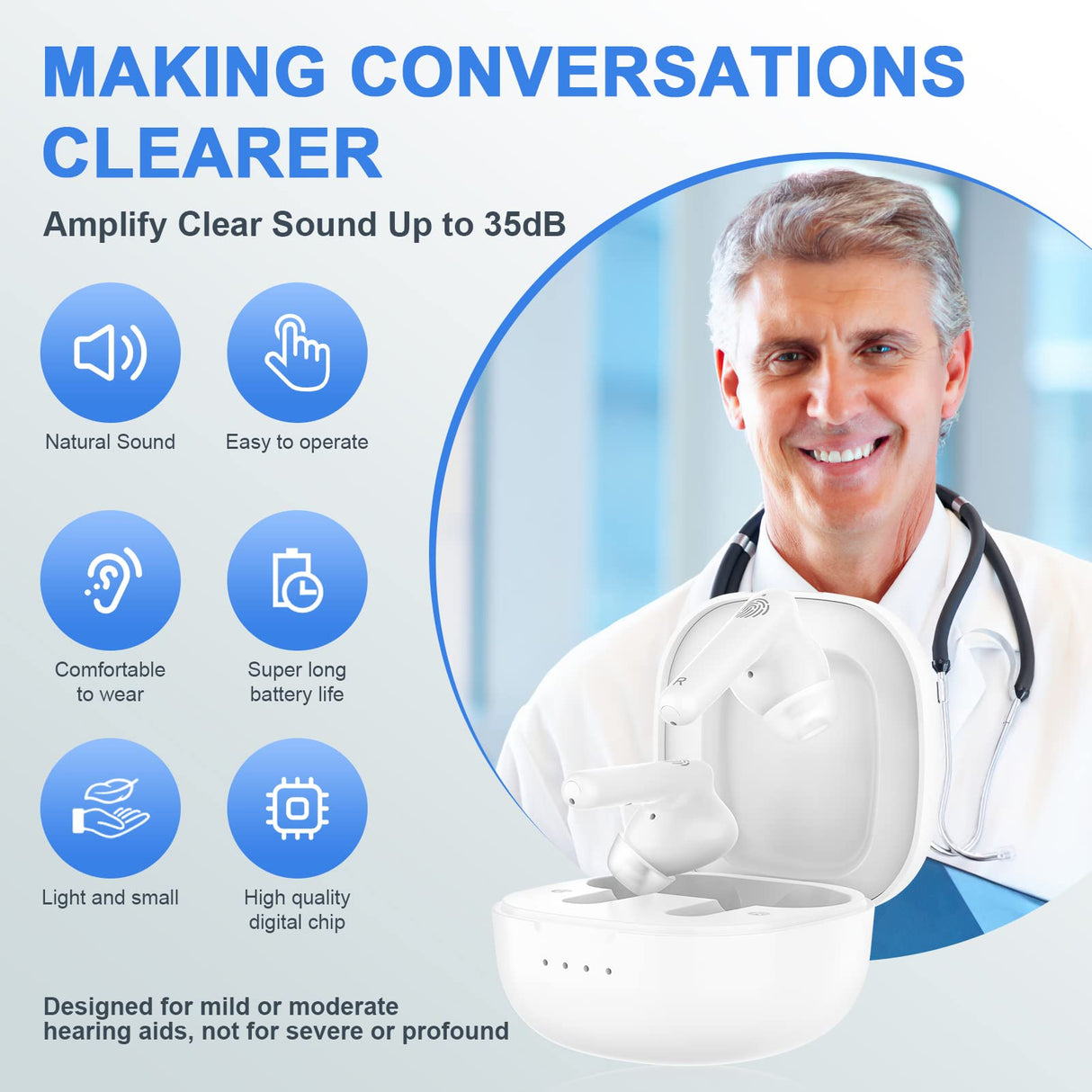 Wireless Rechargeable Hearing Aids with Noise Cancelling, Charging Case, and One Button Volume Control for Seniors and Adults. No Whistling, 3 Ear Dome Sizes Included
