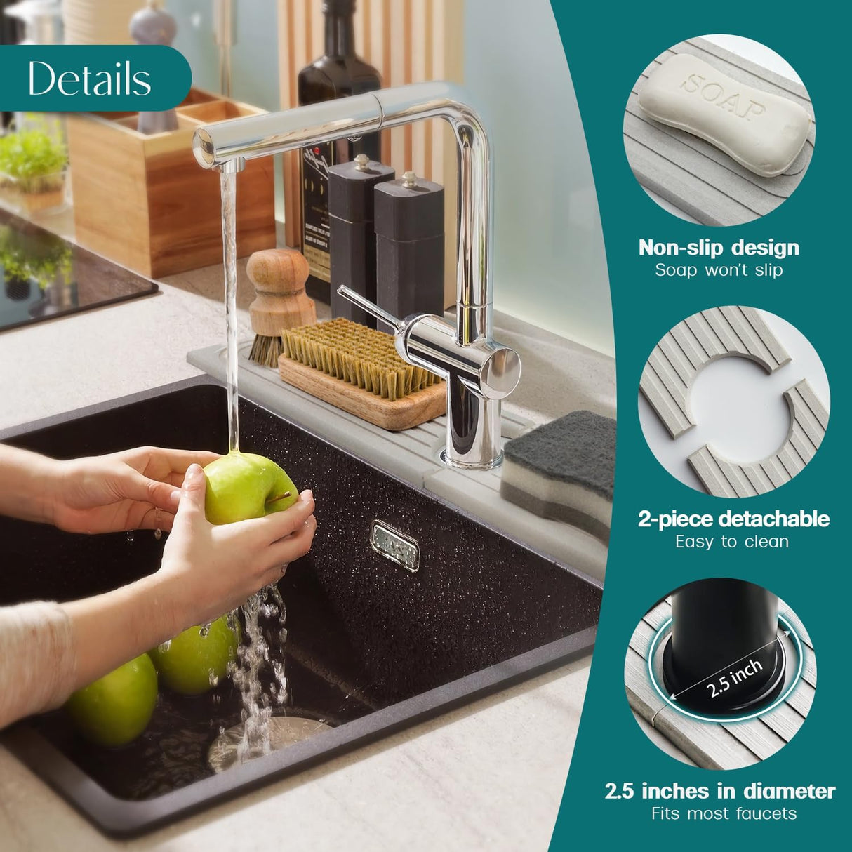 Faucet Mat for Kitchen Sink โ Diatomite Stone Drying Mat & Sink Protectors, Prevent Moisture โ Sink Splash Guard Water-Absorbing Stone Tray for Bathroom Counter (Light Grey, 23.6" x 3.9")