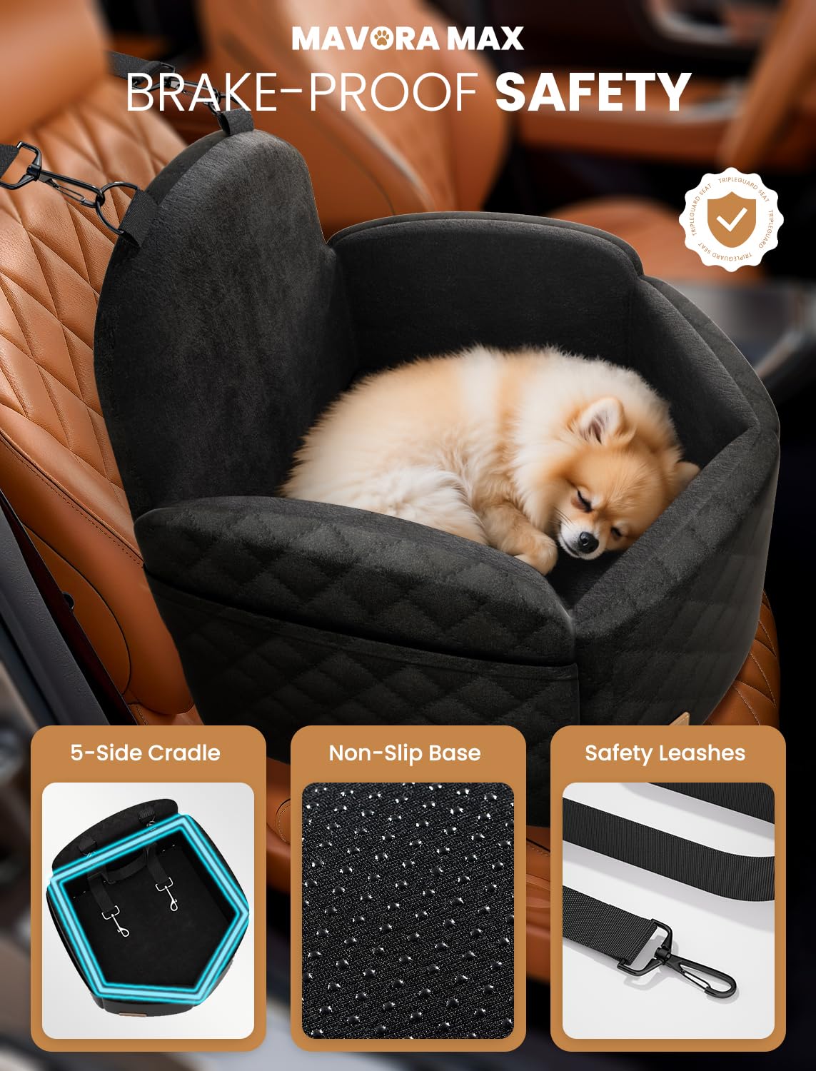Mavora Max Dog Car Seat for Small/Medium Dogs, Elevated Dog Booster Seat Memory Foam Puppy Car Seat with Washable Cover, Travel Safety Pet Seat for Car with Storage Pockets Up to 35 lbs (Black)
