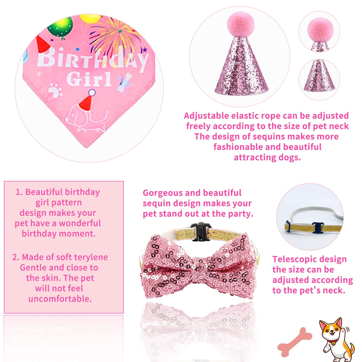 Dog Party Supplies Decorations - Cute Bandana, Let's Pawty Banner, Cake Topper, Hat, Pink Bowtie, Tutu Skirt, Paw Balloon for Birthday Celebration