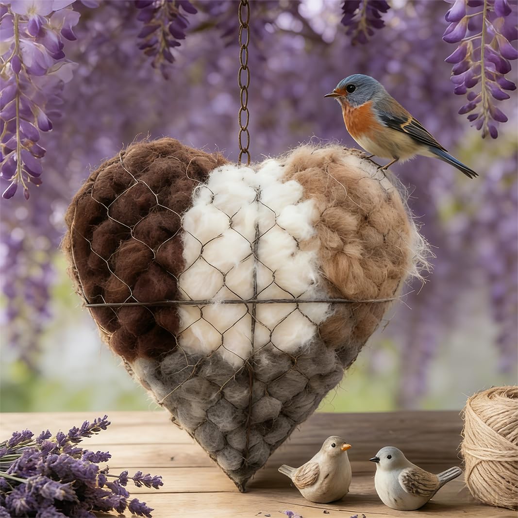 Rtwxi Handmade Fiber Bird Nesting Heart, Alpaca Fiber Bird Material House, Hummingbird Houses Nester Winter Shelter Nature, Garden Art Birdhouse, Outside Gifts for Birds Lovers (1)