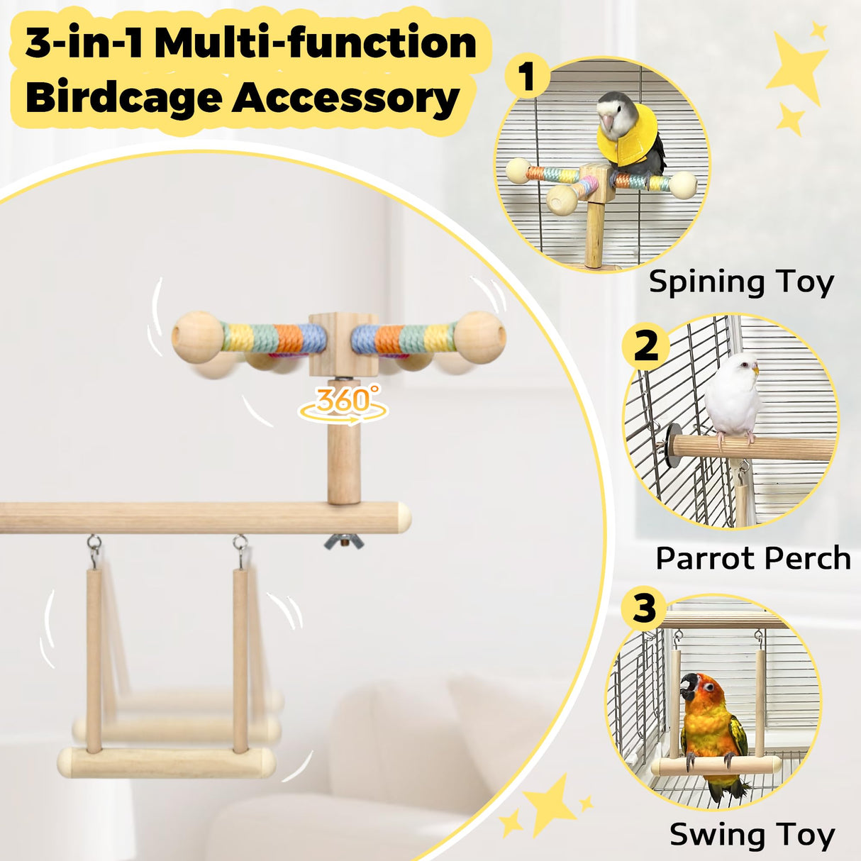 Jevnd Bird Perch & Swing Toy Combo, Bird Toys for Parrots with 360° Spin Function, Hanging Parakeet Swing Birds Cage Accessories Toys, Multi-functional Wooden Birds Activity Gym for Cockatiel Lovebird