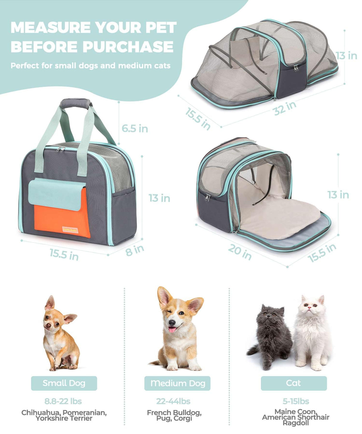Expandable Cat & Small Dog Carrier Backpack, Soft-Sided Airline-Approved Pet Travel Bag with Dual-Side Expansion, Under-Seat Fit, Breathable Mesh, for Hiking, Vet Visits & Trips (Up to 22 lbs)