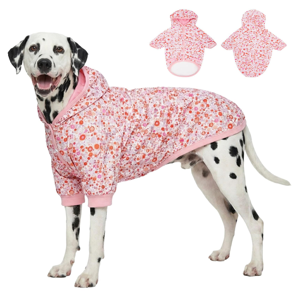 LovinPet Warm Dog Sweater, Flannel Sweater for Large Dogs, Warm Winter Clothes with Front Sleeves, Soft Onesie Pajamas for Short-Hair Breeds, Small Dots Light Pink Prints, L