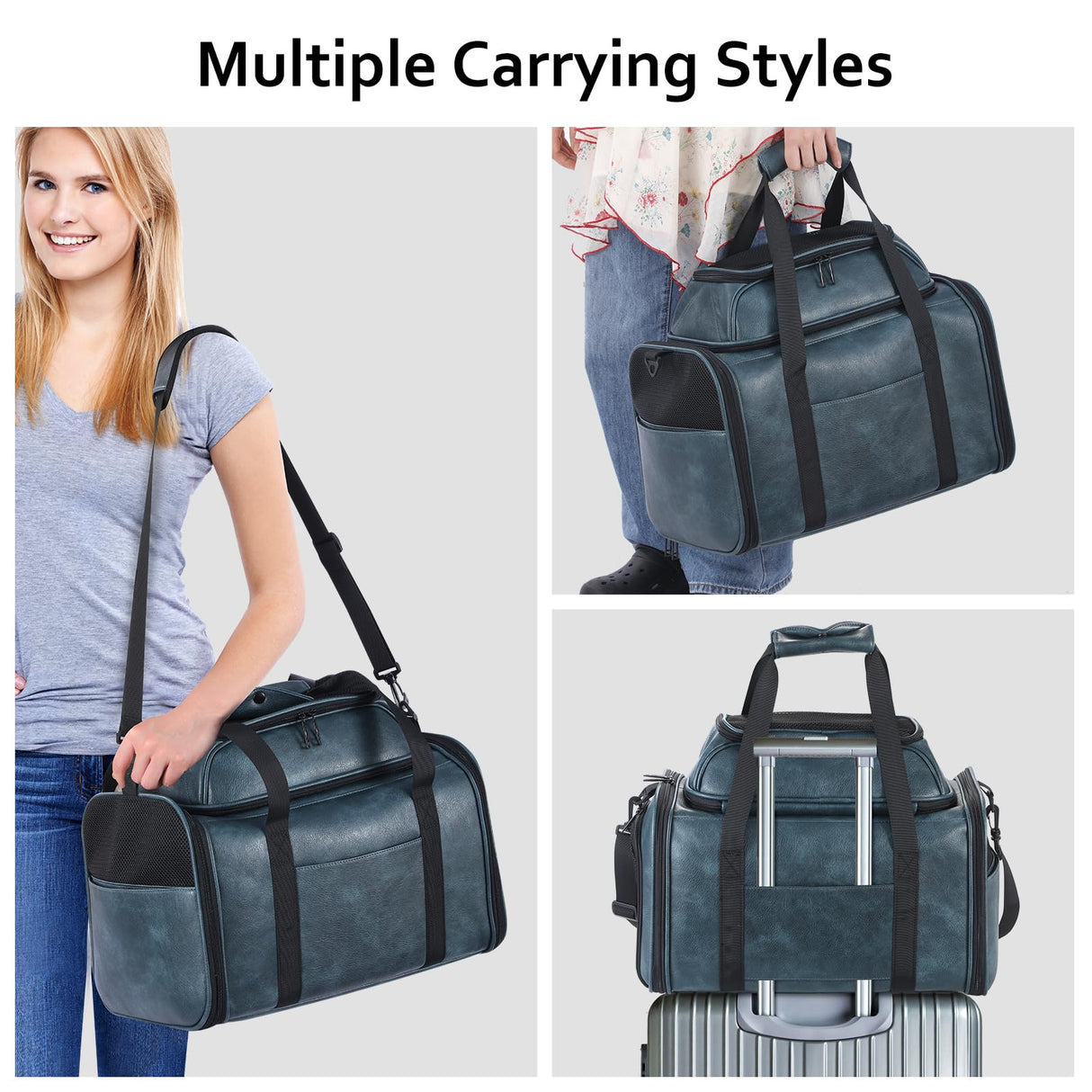 Bosnanller Premium Leather Top Expandable Pet Carrier for Small Dogs & Cats Under 15 lbs, Airline Approved Collapsible Soft-Sided Luxury Travel Bag Blue