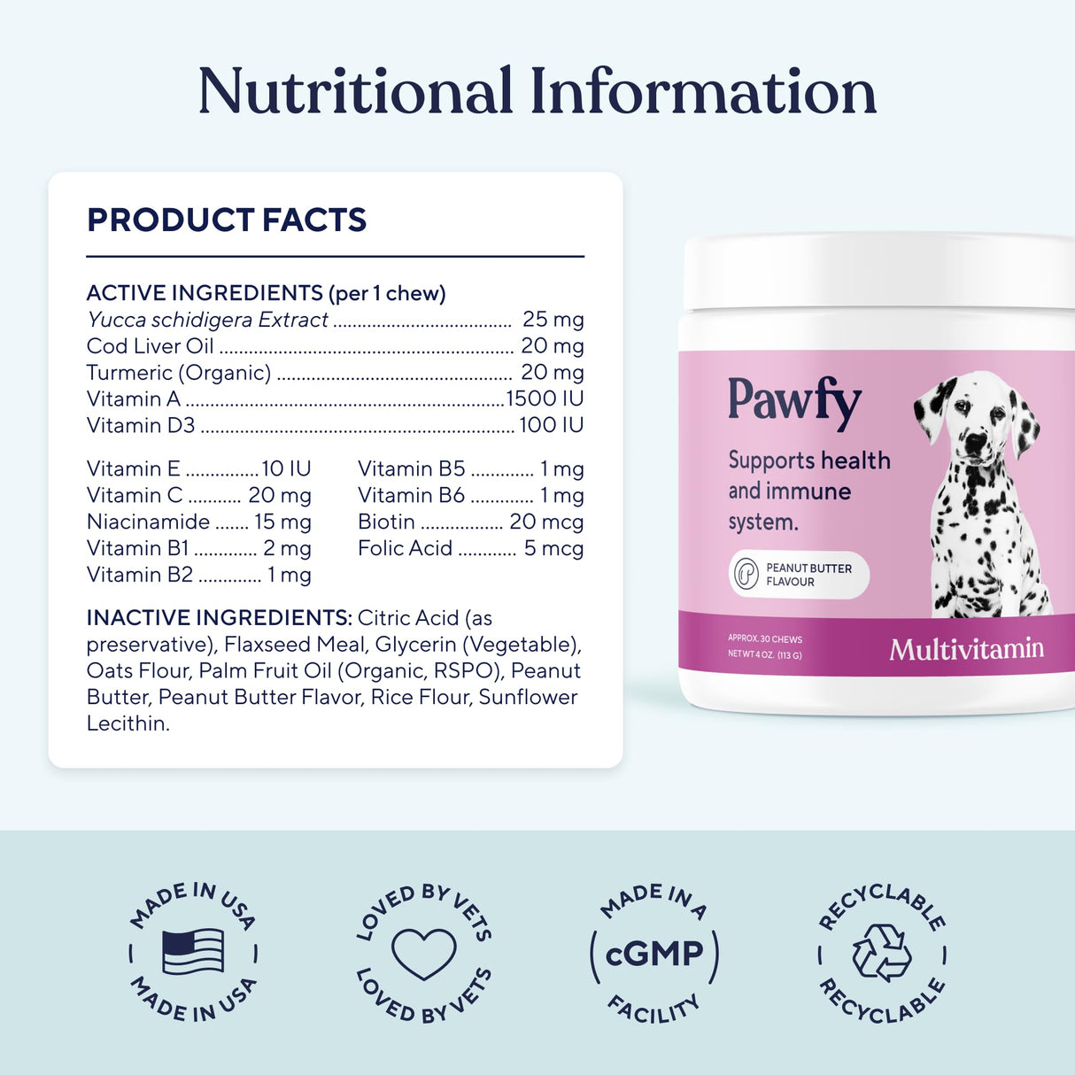 Pawfy Dog Multivitamins 15 in 1 | Dog Vitamins for Skin & Coat - Supports Overall Wellness | Advanced Senior Dog Supplements from Occasional Itching | Puppy Tasty Vitamin C Chews - 30 Count