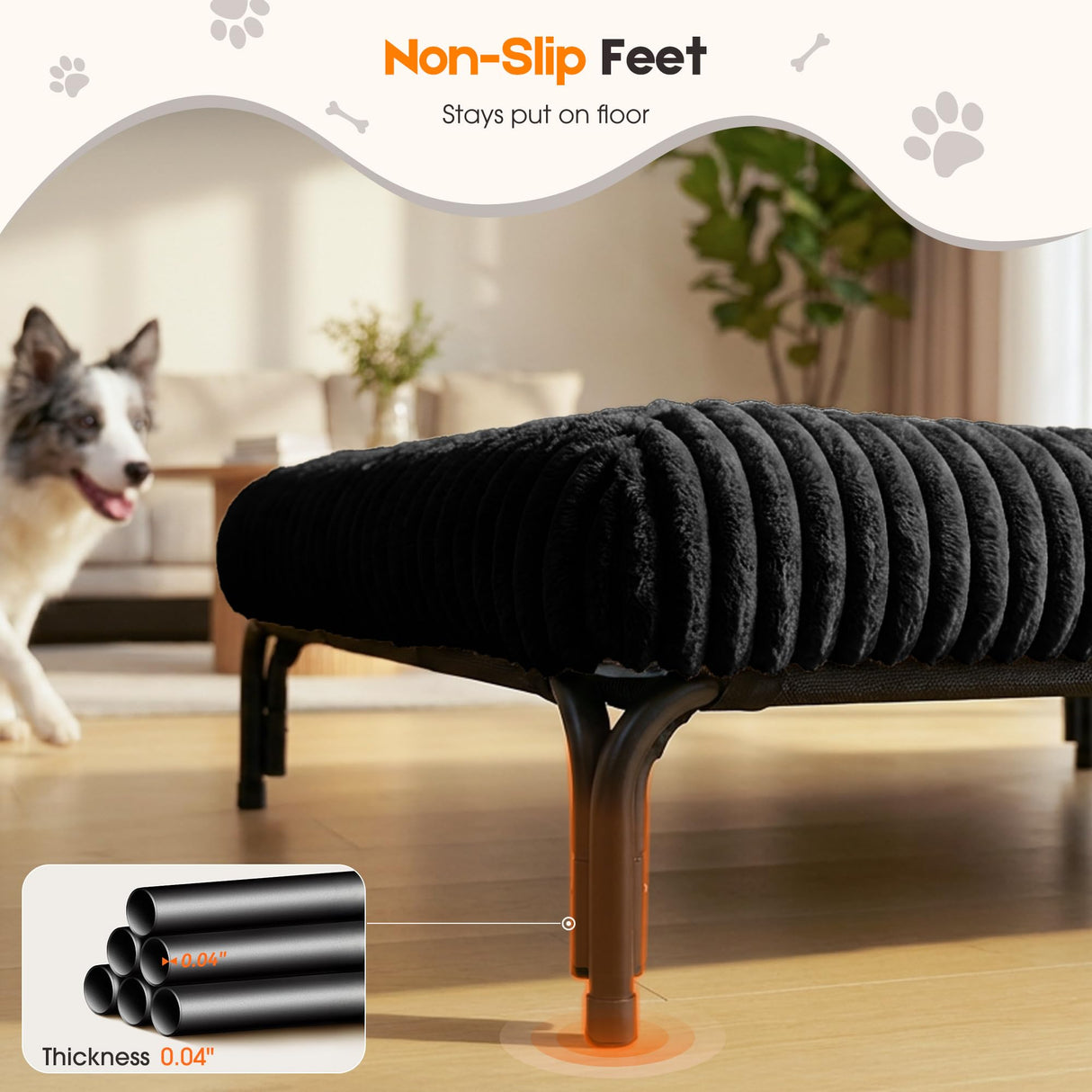 Elevated Dog Bed with Removable Fluffy Pillow Cushion, Raised Pet Cot Washable Bolster, Dog Couch Sofa, Anti Slip Feet, Matte Black, 36"×26"