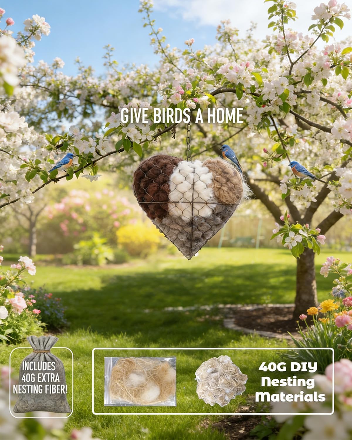 gbdyhup Handmade Alpaca Fiber Bird Nesting Heart, Outside Winter Tree Shelter for Wild Bird, Birds Nests Material Holder for Garden Art Birdhouse, Hummingbird Houses Nest Boxes for Birds Lovers (1PC)