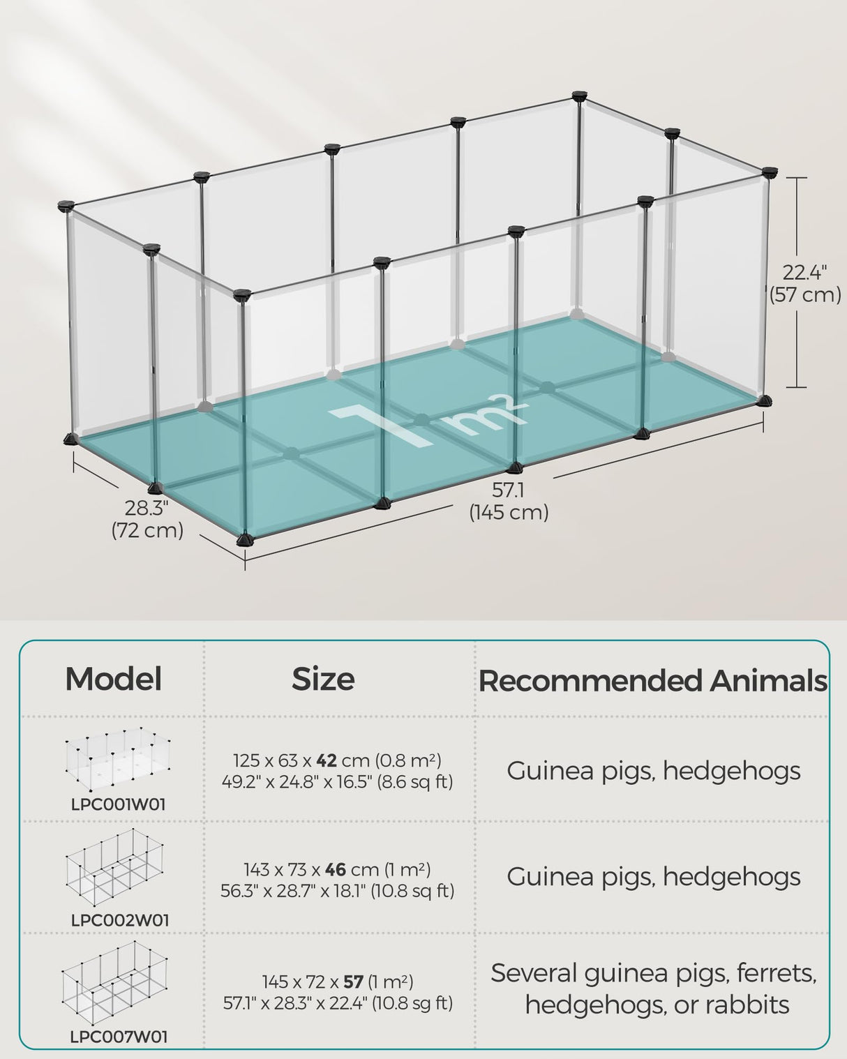 SONGMICS Pet Playpen with Floor, Small Animal Pen, Pet Fence Indoor, DIY Plastic Enclosure for Hamsters, Hedgehogs, 57.1 x 28.3 x 22.4 Inches, White ULPC007W01