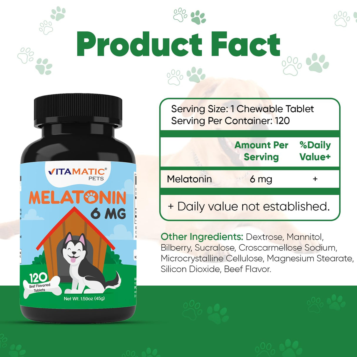 Vitamatic Melatonin for Dogs – 6 mg – 120 Chewable Tablets (Pack of 2) Beef Flavored – Natural Calming Support – Non-Habit Forming – Veterinarian Formulated
