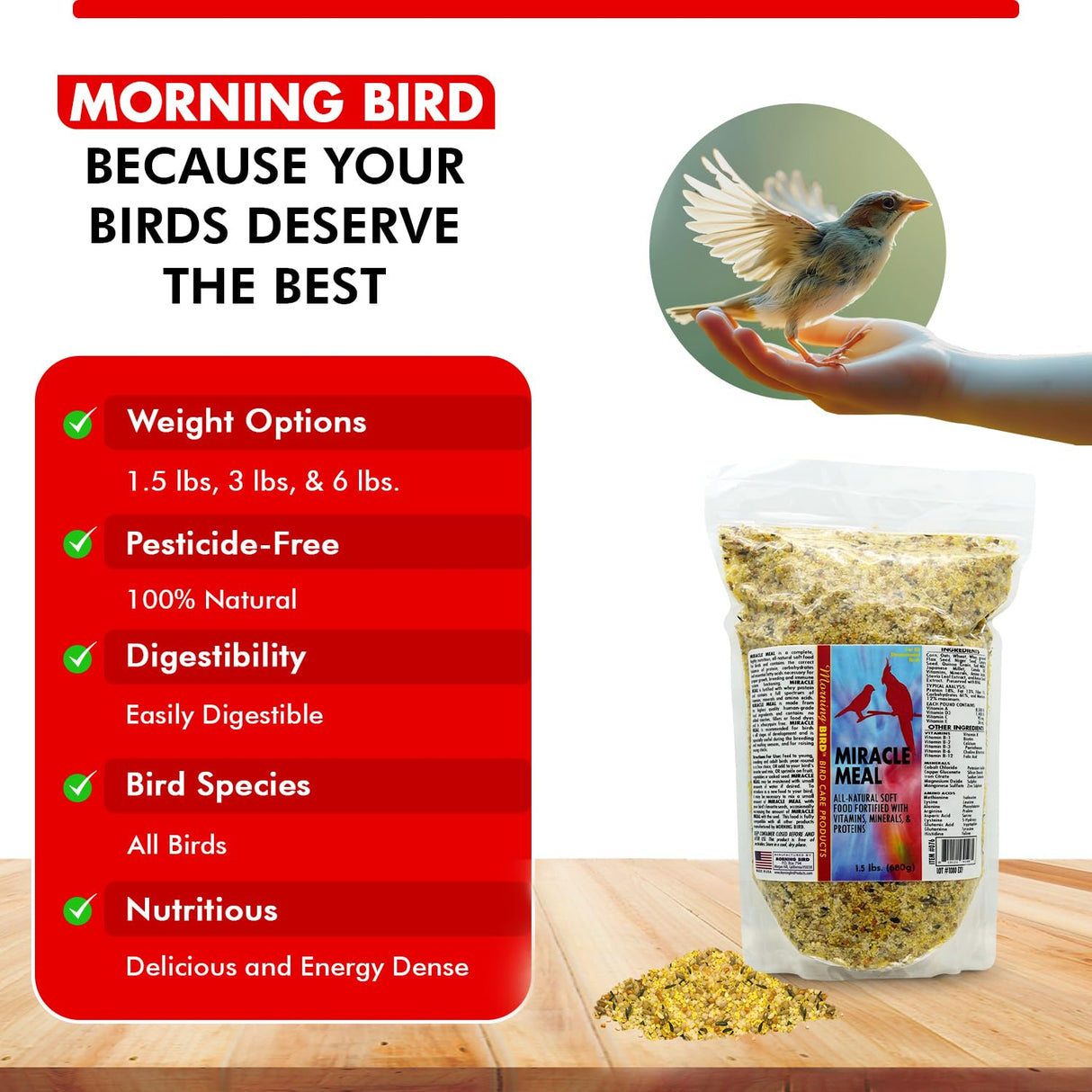 Morning Bird Miracle Meal 1.5 lbs – Soft Food for Birds with Vitamins & Supplements – Packed with Protein, Minerals & Amino Energy – Promotes Strong Feathers, Breeding & Overall Wellness