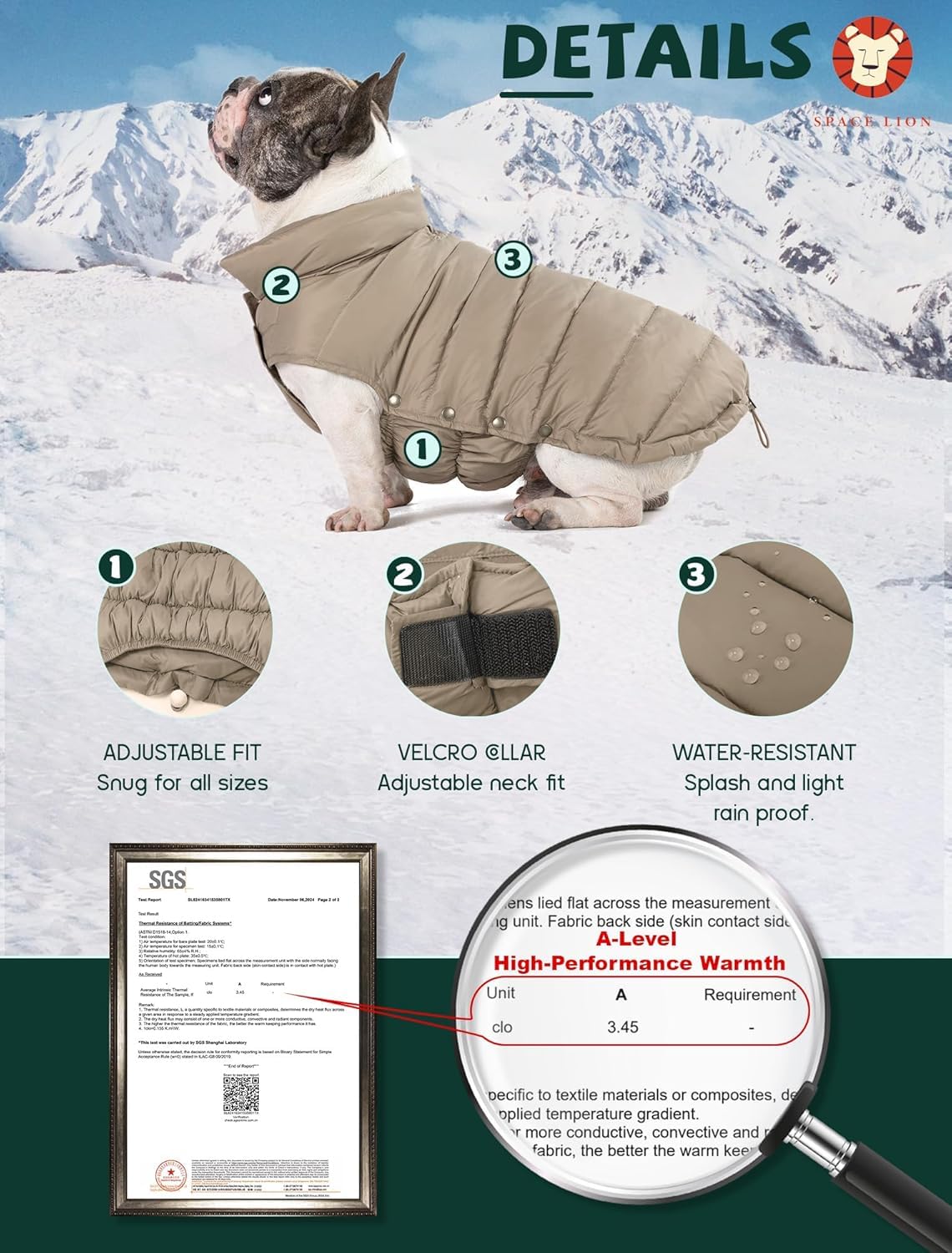 SPACE LION Dog Puffer Jacket, Down Winter Coat, Durable Outdoor Coat for Cold and Windy Conditions, Lightweight & Adjustable Fit Coats for Large Dogs, (Camel, Size28/4XL)