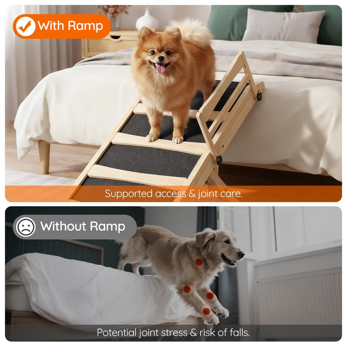 HOOBRO Dog Ramp for Bed, 15.7" Width Folding Pet Ramp with Guardrail and Non-Slip Mat, Dog Ramp for Couch, 4-Level Adjustable from 9.8" to 18.9", for Small Dogs, Natural and Black NB48PT03