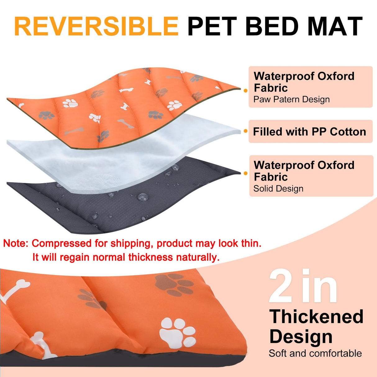 BEAUTYZOO Outdoor Dog Bed Waterproof, Camping Dog Bed Reversible, Portable Travel Bed with Carry Bag- Machine Washable, Durable, Foldable Outdoor Pet Bed Mat for Medium Large Dogs, 26" x 43" Orange