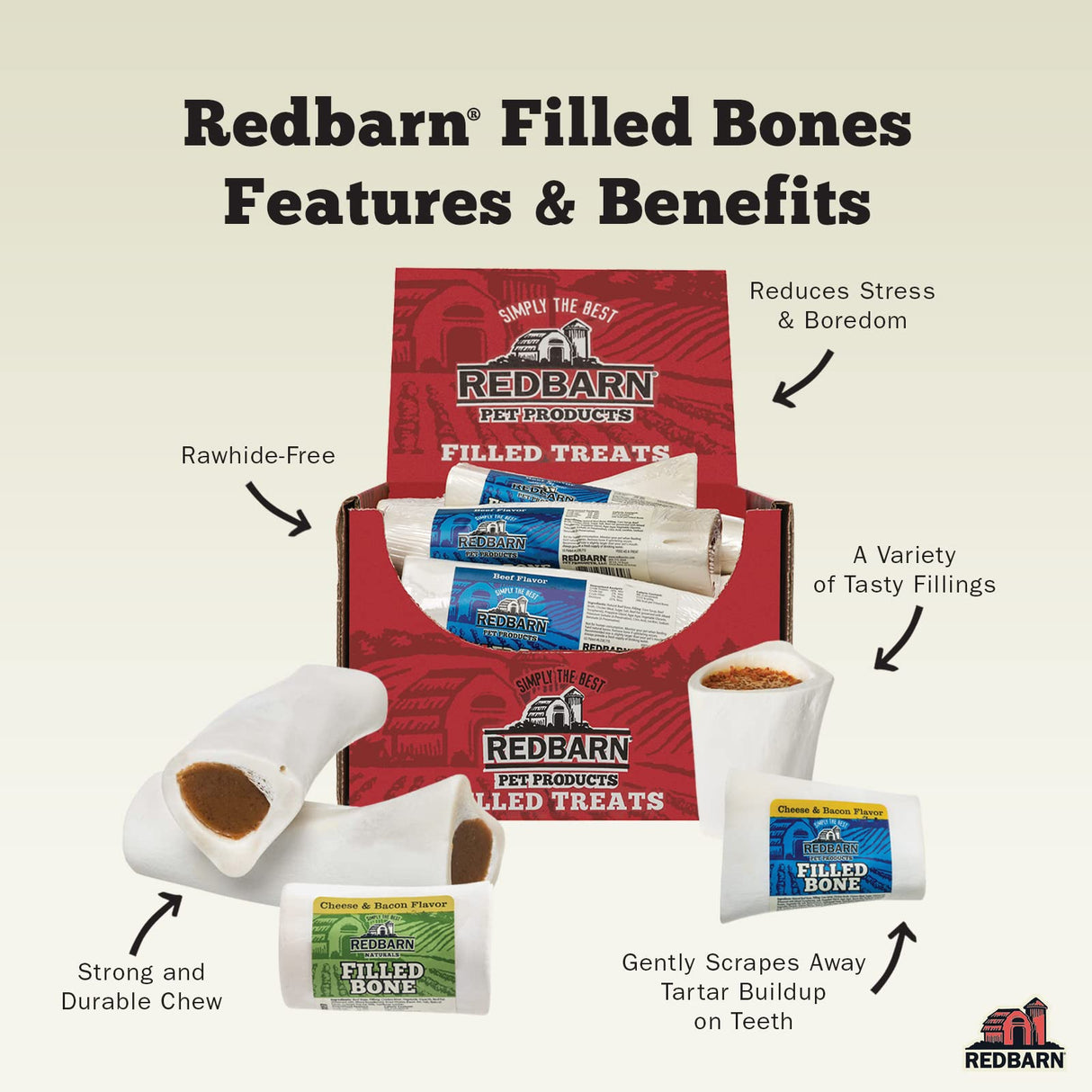 Redbarn Pet Products Small Filled Dog Bones, Peanut Butter Flavor - Long Lasting Stuffed Femur Chew Treat Made in USA - 4 Count - Packaging May Vary