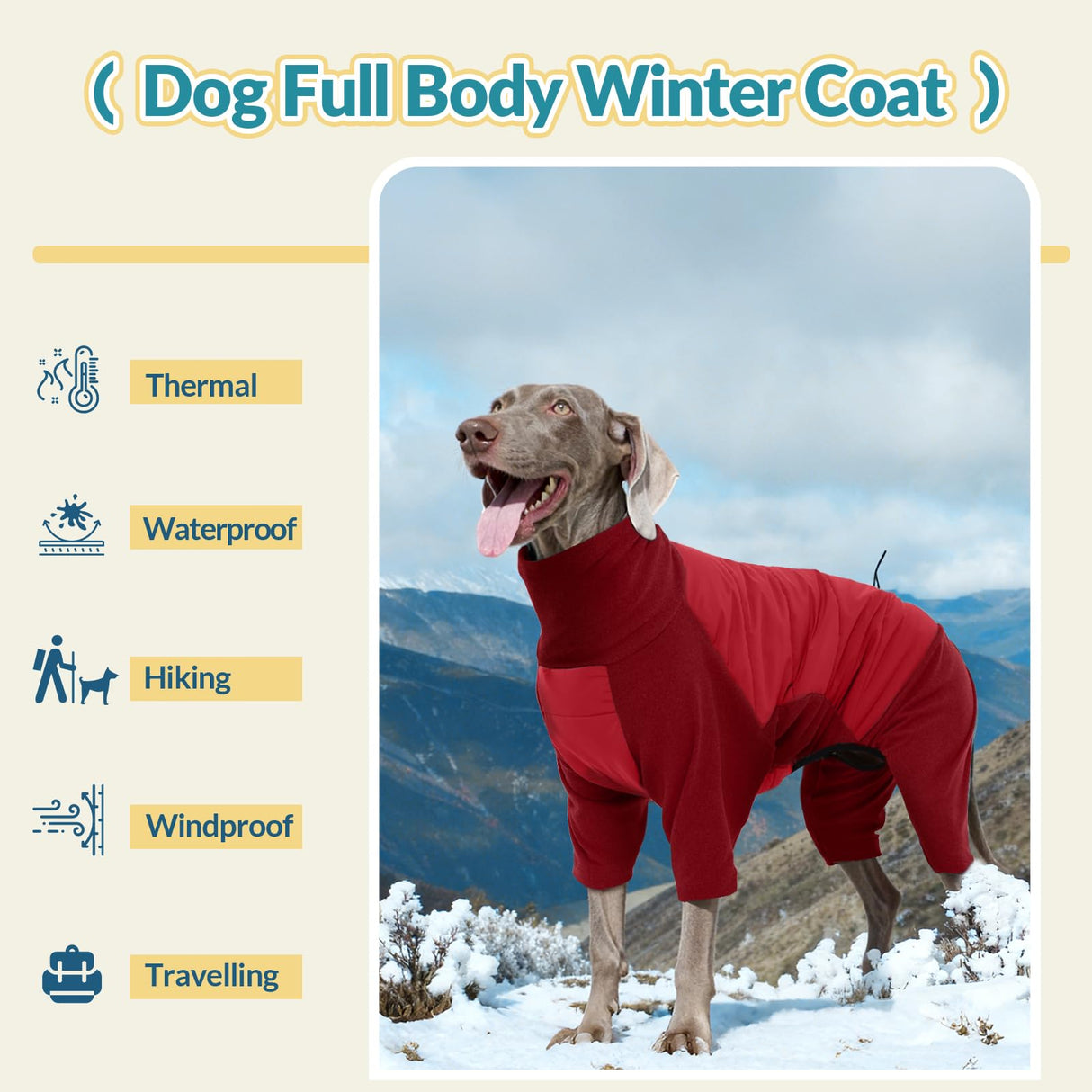 ROZKITCH Waterproof XL Dog Jacket for Winter, Dog Pajamas for Large Dogs, Pullover Fullbody Clothes Jumpsuit, Fleece Cold Weather Coats, Four-Legged Snowsuit with Leash Hole Red XL