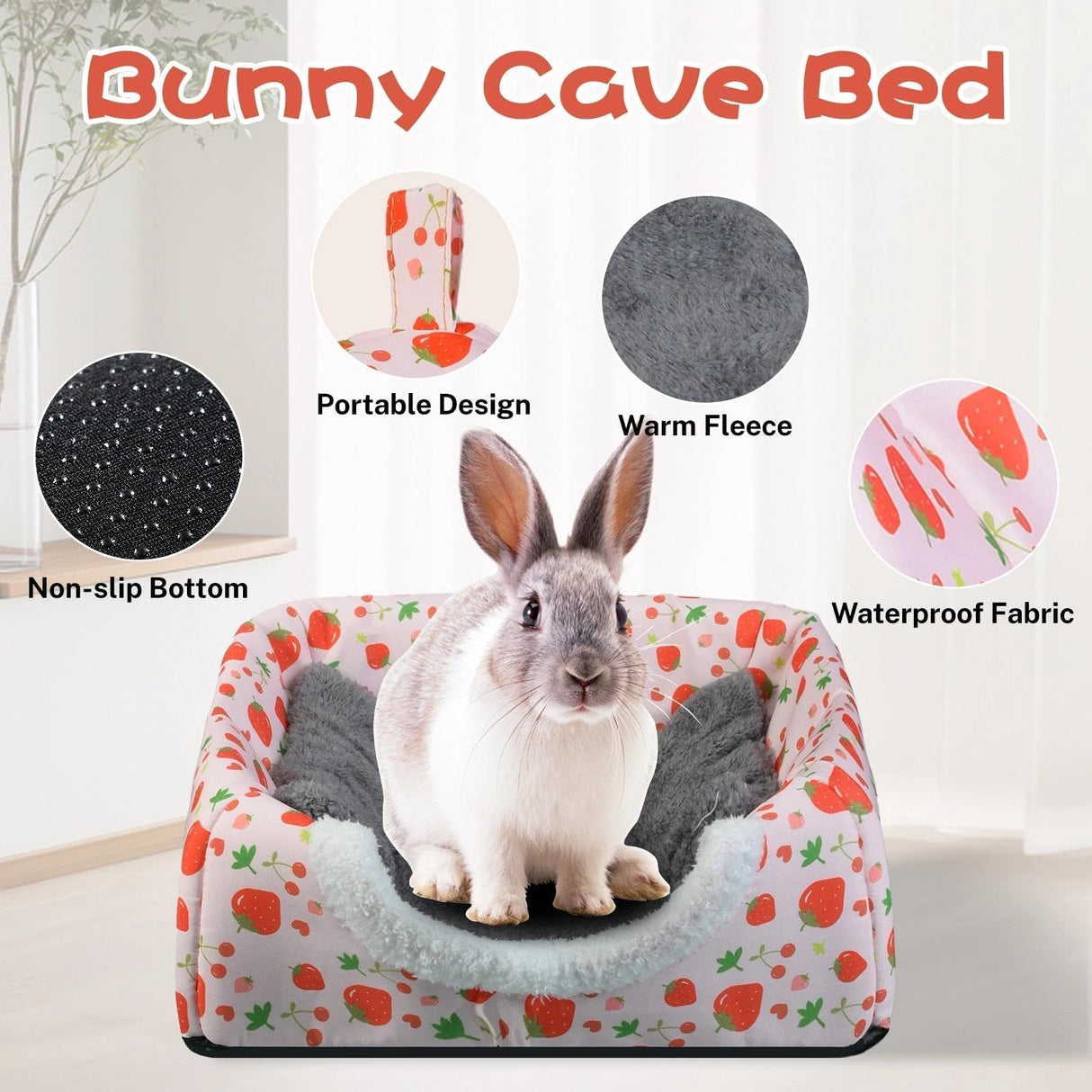 Warm Rabbit Hideout, Washable Bunny Bed & Hideaway House with Strawberry Design, Cozy Fleece Hut for Indoor Rabbits Guinea Pigs and Other Small Animals