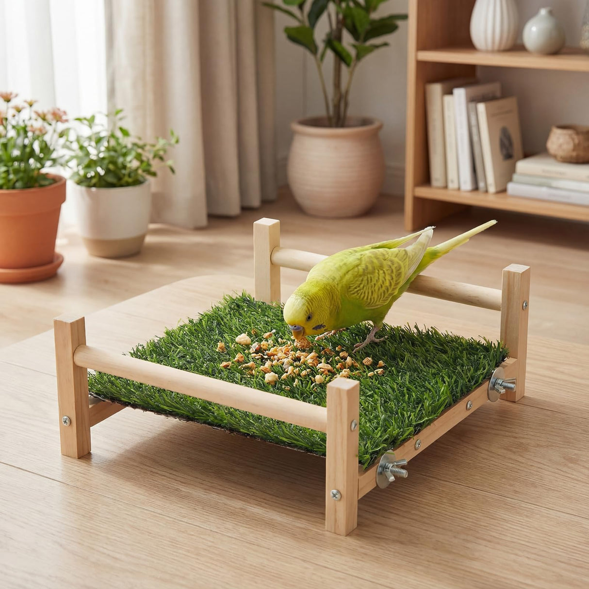 AceOrbit Bird Foraging Bed with Grass Mat 9.06 x 7.87 x 3.94 Inch Parrot Foraging Toy Hammock Bed Wood Frame Easy Install with Hardware Kit for Small Birds Cage Enrichment
