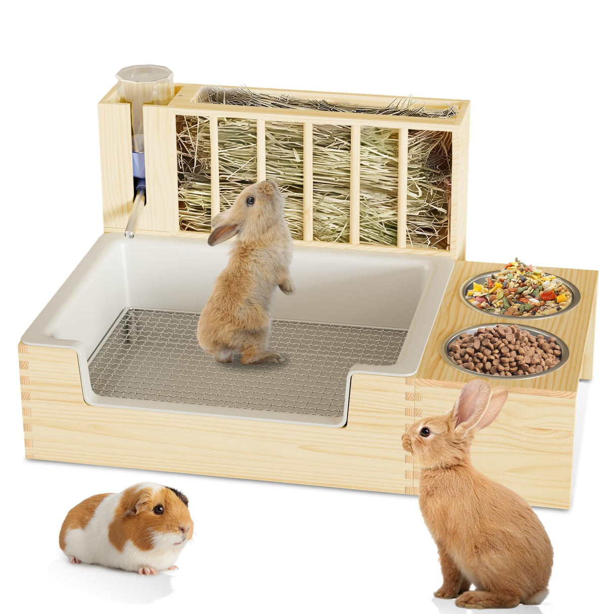 Chloraeon 4-in-1 Waterproof Wooden Rabbit Litter Box with Hay Feeder, 2 Food Bowls, and Water Bottle | Large Capacity, Waste-Preventing Design for Rabbits, Guinea Pigs, Chinchillas, and Small Animals