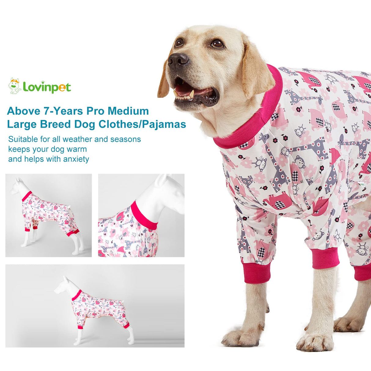 LovinPet Big Dog Pajamas, Pet Anxiety Relief, Anti Licking, Post Surgery Recovery Clothe, Lightweight Stretch Fabric, Jungle Dreams Fuchsia Print, Large Dog Jammies,Big Breed Pet PJ's, L