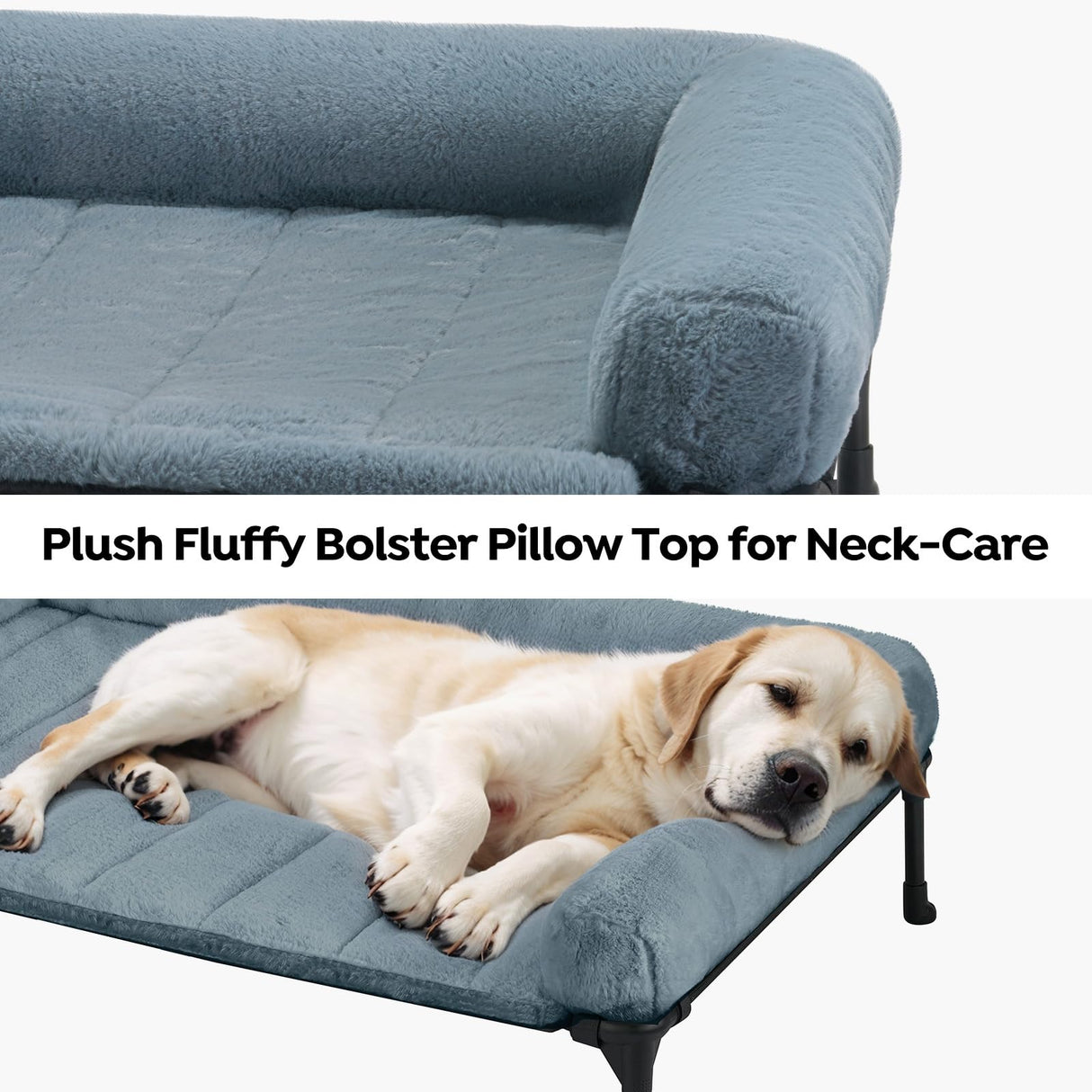 Veehoo Orthopedic Elevated Dog Bed with Fluffy Plush Bolster Cushion, Indoor Raised Dog Beds for Large Dogs, Soft Pet Sofa Cot with Removable Washable Mat, No-Slip Feet, 42 x 30 inches, Haze Blue