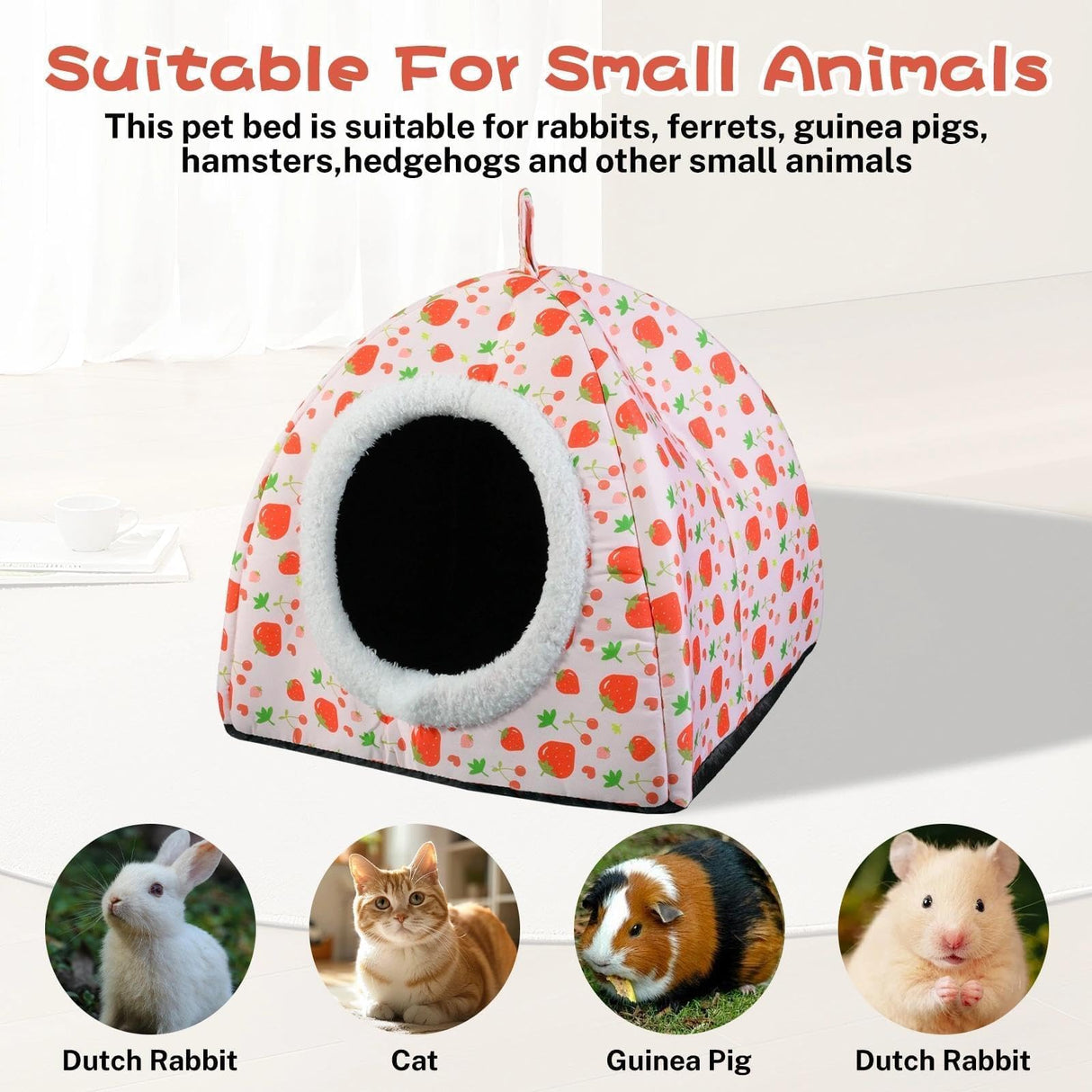 Warm Rabbit Hideout, Washable Bunny Bed & Hideaway House with Strawberry Design, Cozy Fleece Hut for Indoor Rabbits Guinea Pigs and Other Small Animals