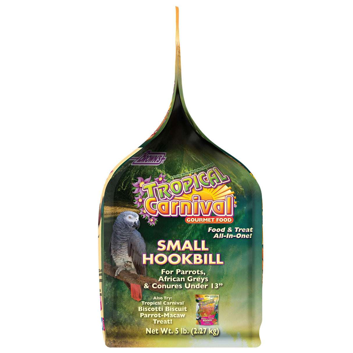 F.M. Brown's Tropical Carnival Gourmet Bird Food for Parrots, African Greys, and Conures Under 13", Probiotics for Digestive Health, Vitamin-Nutrient Fortified Daily Diet - 5 lb.