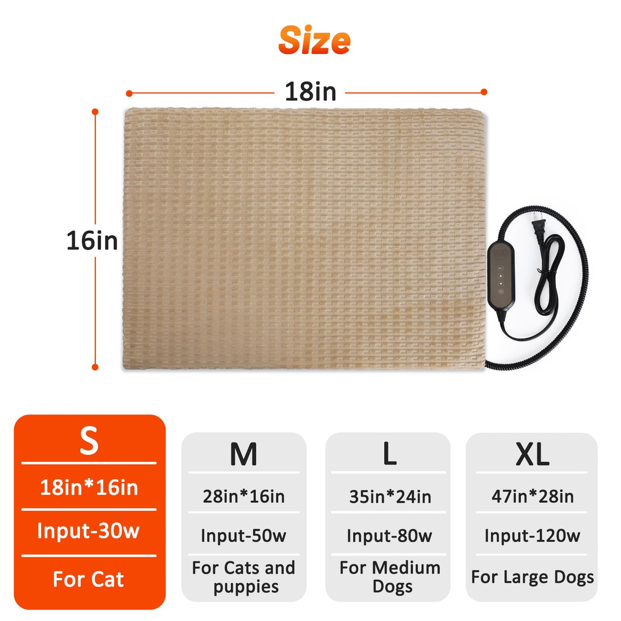 Heated Cat Bed, Waterproof Heated Cat Dog Bed with Adjustable Temperature & Timer, Electric Pet Mat for Indoor Cats Dogs, Chew Resistant Steel Cord(Small: 18"x16" Brown)