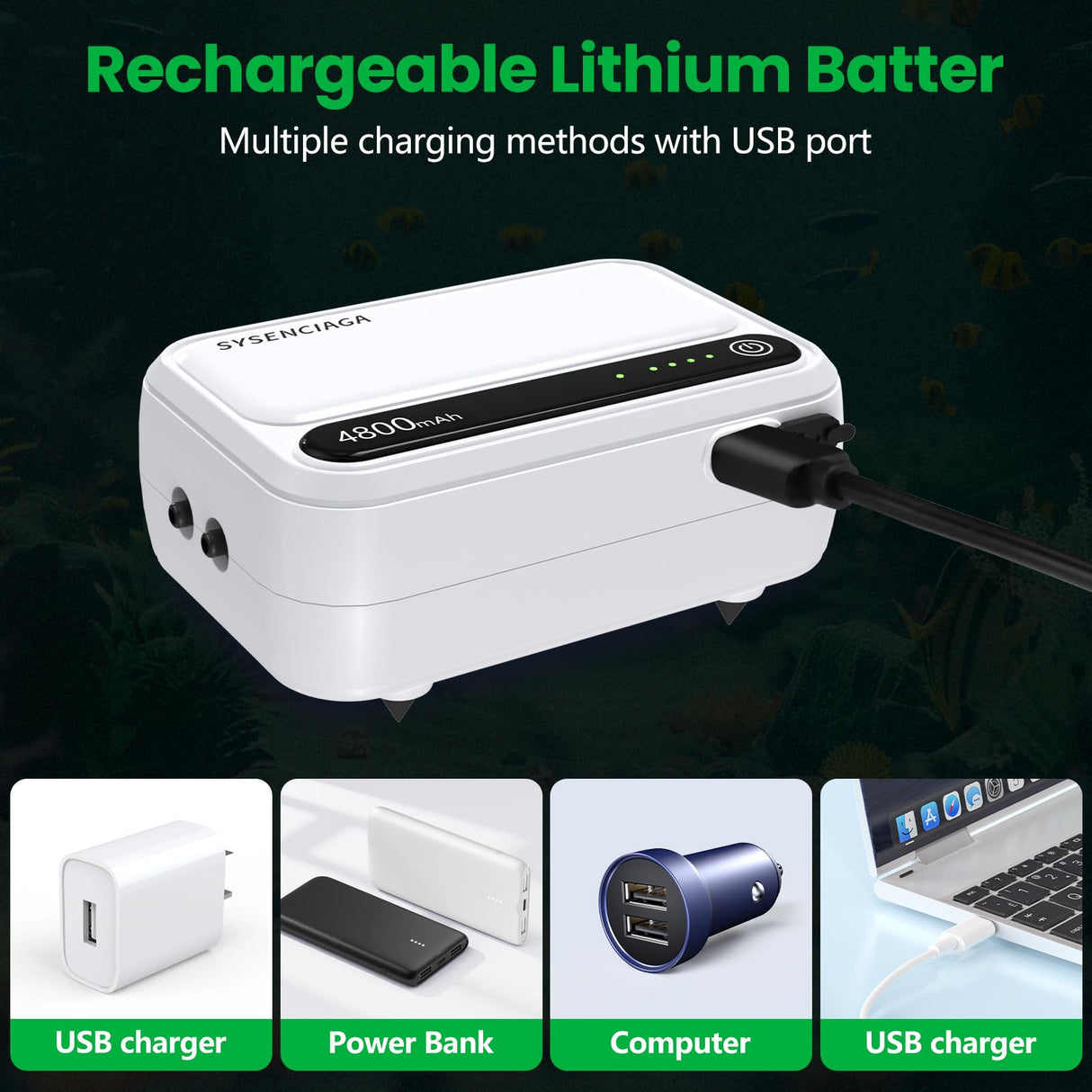 Aquarium Air Pump-Portable Air Pump for Outdoor Fishing, Rechargeable Aerator for Bait Bucket & Backup for Aquarium Fish Tank, Battery Powered Bubbler (2 Outlet 4800mAh)