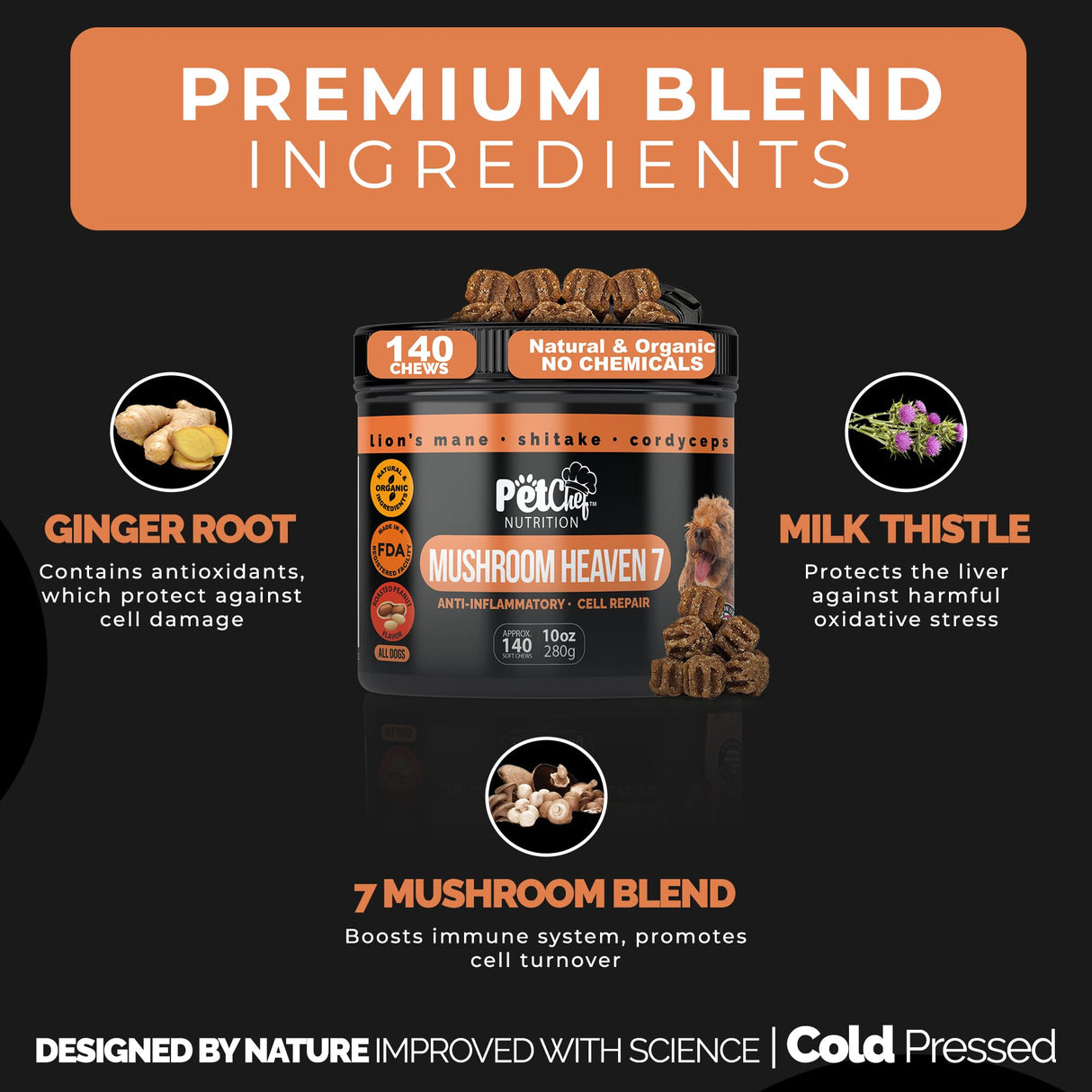 Pet Chef Turkey Tail Mushroom Chews for Dogs 7 Mushroom Blend with Lion’s Mane, Reishi, Maitake, Milk Thistle & Ginger Root for Immune, Gut & Detox Support, 140 Soft Chews (Natural & Organic)