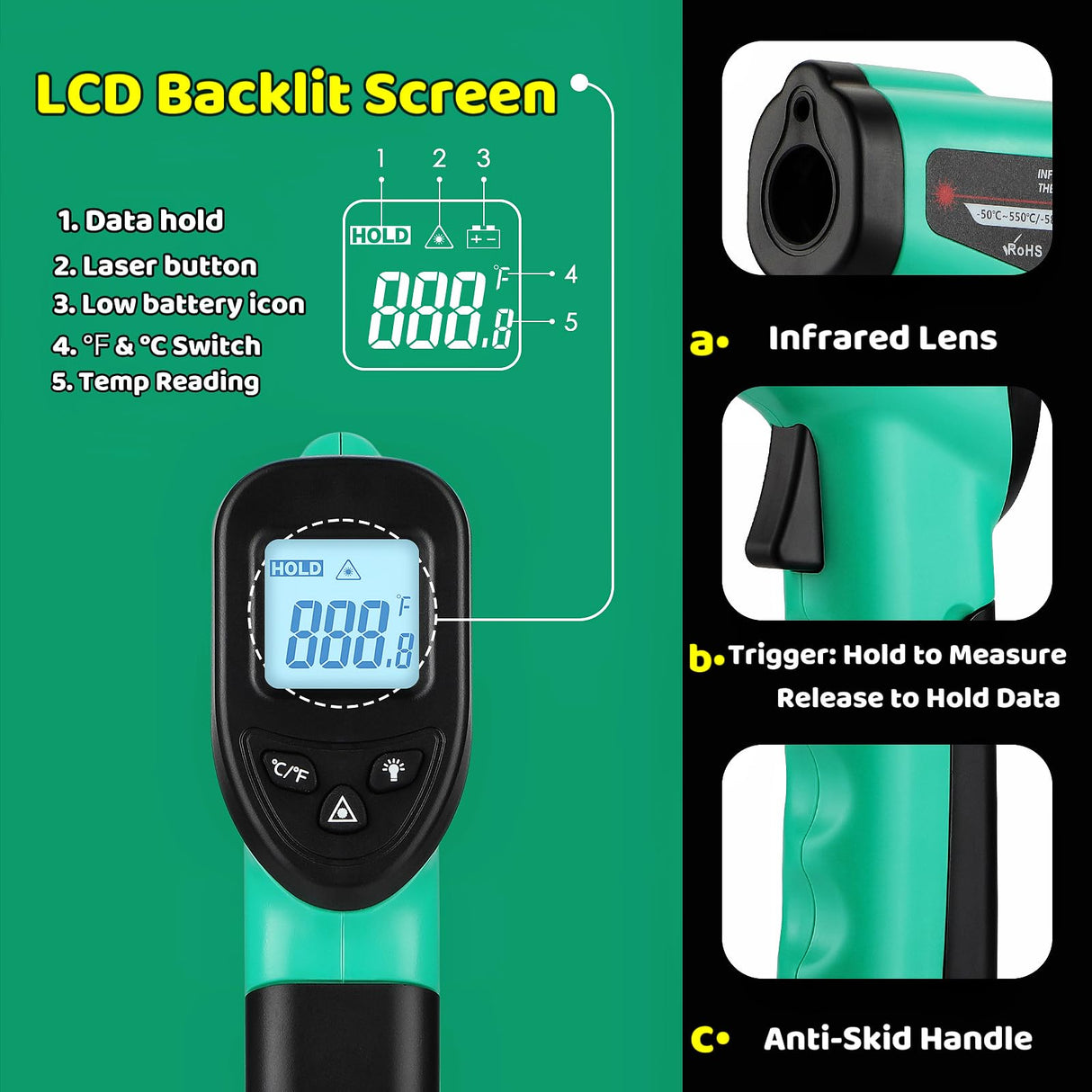 Infrared Thermometer Gun for Cooking, -58β~1022β, Digital Laser Temperature Gun for Blackstone Pizza Oven Reptiles, IR thermometer with Carrying Storage Case, Larger Font, LCD Backlit, Green