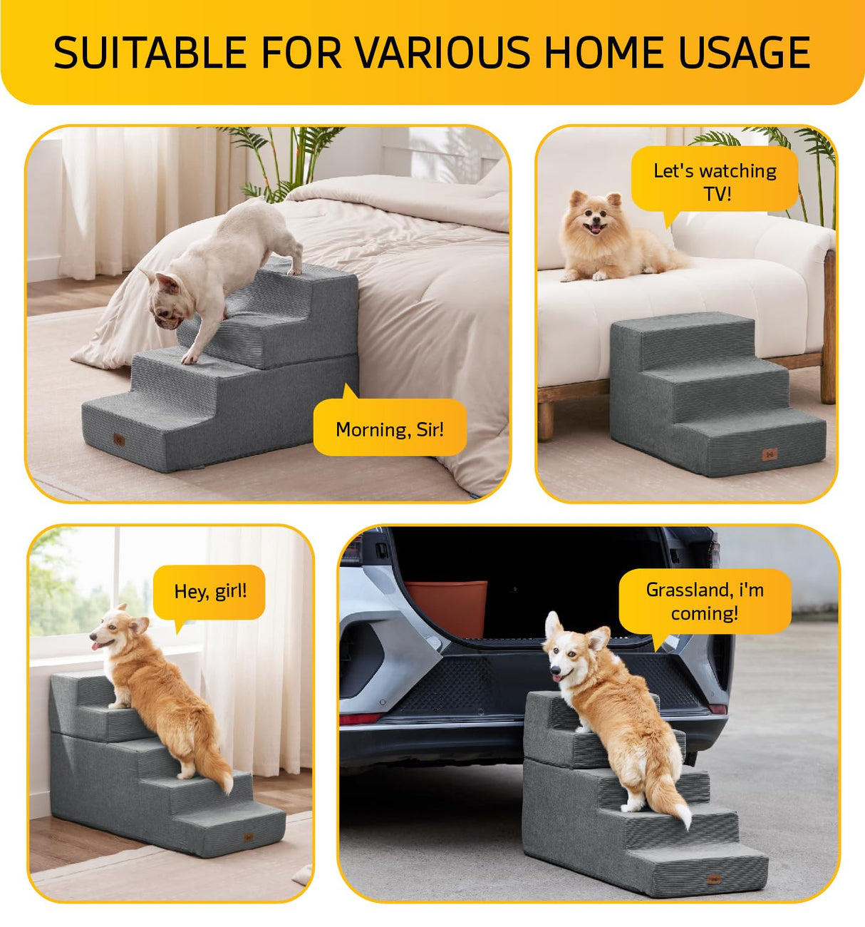 Dog Stairs for Small Dog Steps for Bed Ramps Stairs Extra Wide Steps for Bed Foam Stairs for Couch Sofa 35D Strong Support Pet Stairs Non-Slip Bottom Pet Steps to Get on Bed, Grey, 3 Steps