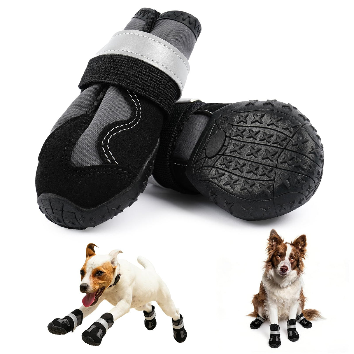 SeranPup 2 Pack Dog Boots for Medium to Large Dogs, Non-Slip Dog Shoes with Reflective Straps for Hot Pavement&Winter Snow, Breathable Water-Resistant Paw Protector with Anti-Skid Sole, Size5, Black