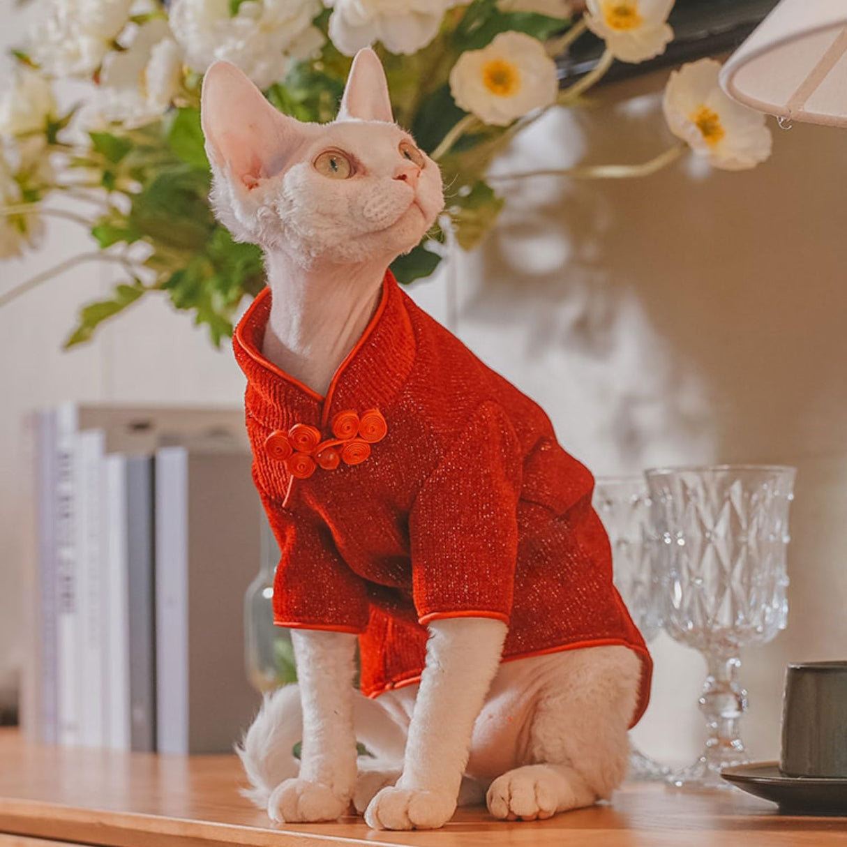 Traditional Culture Sphynx Hairless Cat Cotton T-Shirts Cat Clothes Pet Sweater Cat Vest Pet Clothes Kitten Shirts Cats & Small Dogs Apparel (Red Chi-Pao, XL (9-13 lbs))