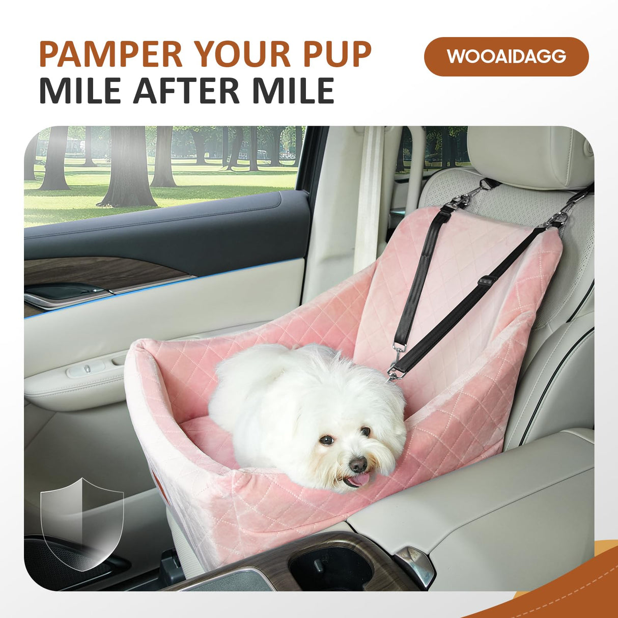 WOOAIDAGG Dog Car Seat for Medium Dogs, Pet Travel Bed with Seat Belt Channel, Fully Detachable and Washable, 3 Straps Easy to Install (Pink)