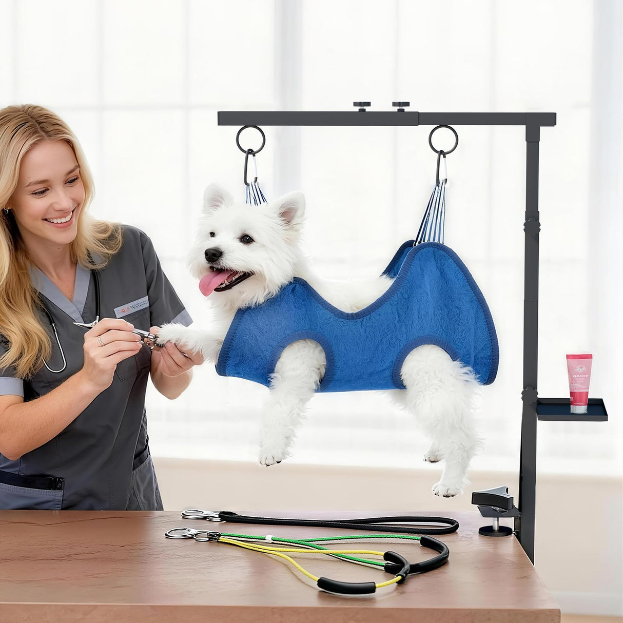 Lazaluking Dog Grooming Table Arm with Clamp (33"-43") | Extendable, Foldable Stand & Restraint with Grooming Hammock, No-Sit Rope, Tray & Bag | for Small/Medium Dogs at Home & Salon