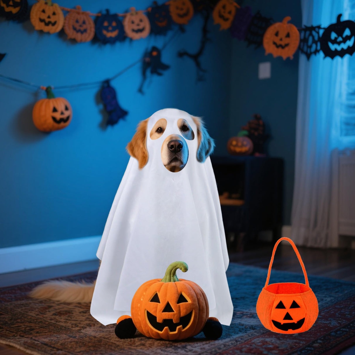 PAYHTOW Dog Halloween Costumes, Dog Ghost Costume Funny Pet Ghost Costume with Pumpkin Candy Bag for Small Medium Large Dogs Pets (Large)