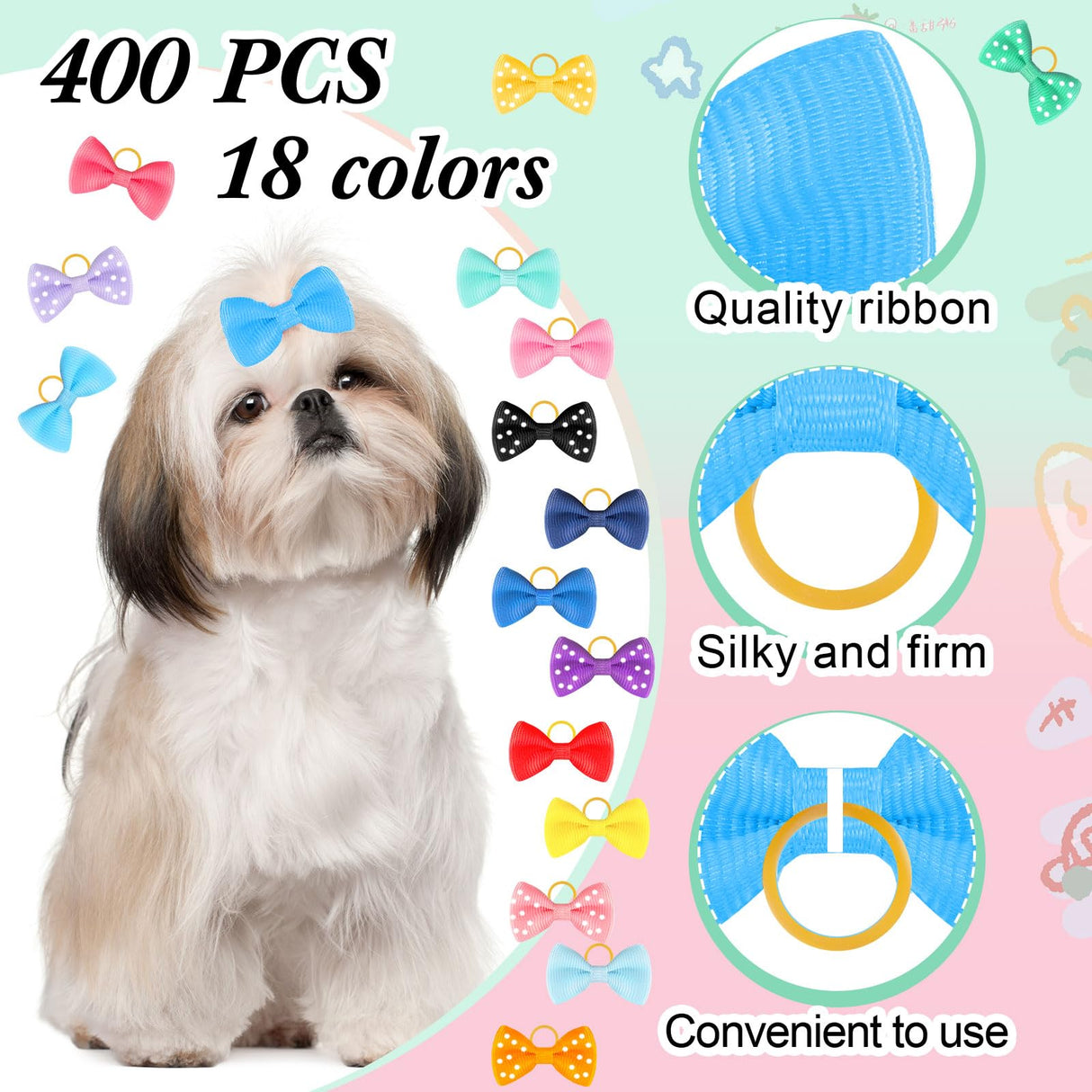 Crowye 400 Pieces Dog Bows Grooming Cute Dog Hair Bows with Rubber Bands Ribbon with Rubber Band Bowknot Hair Topknot for Cat Puppy Birthday Hair Accessories Pet Grooming